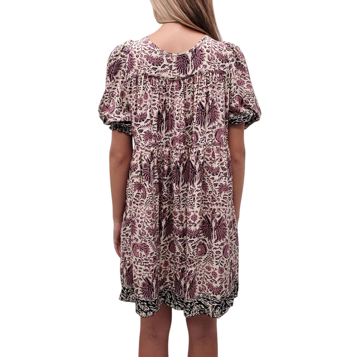 NATALIE MARTIN PURPLE PATTERNED BABYDOLL SILK DRESS - SIZE S
