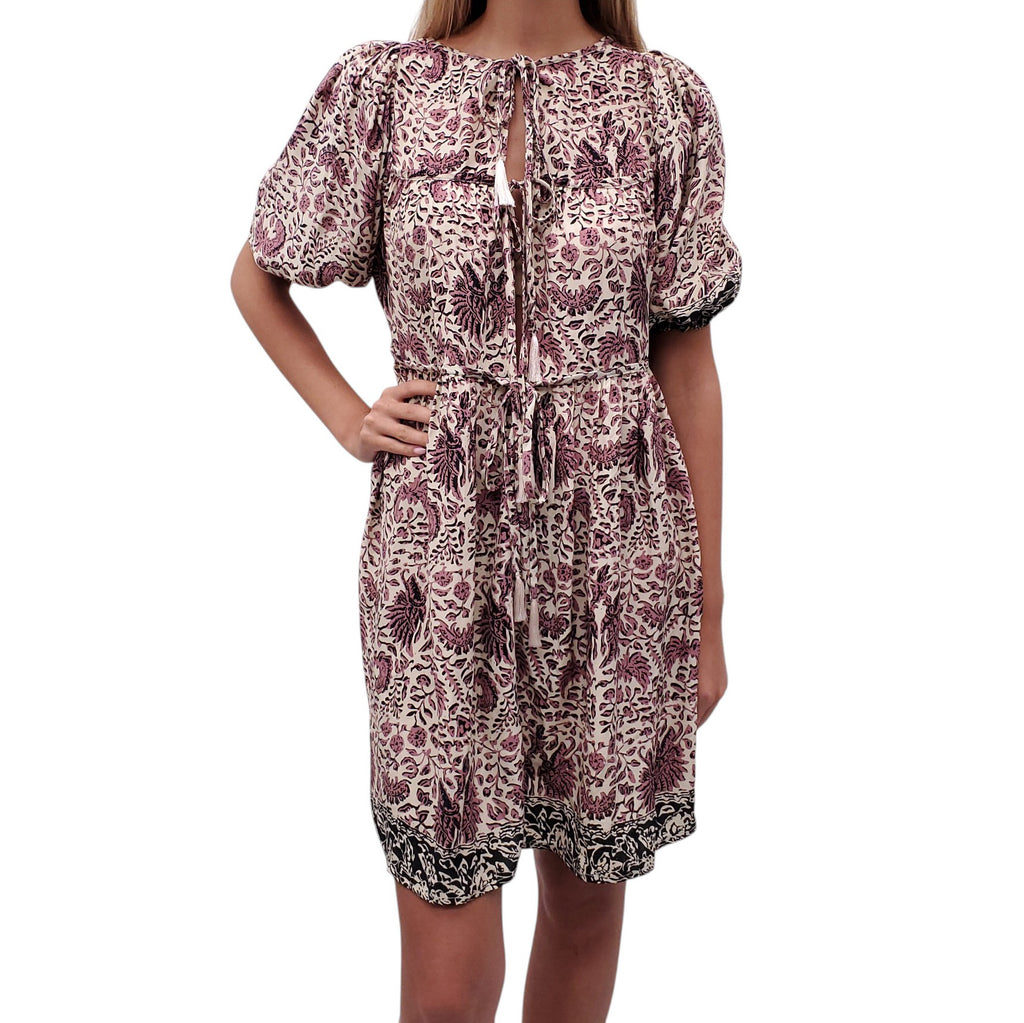 NATALIE MARTIN PURPLE PATTERNED BABYDOLL SILK DRESS - SIZE S
