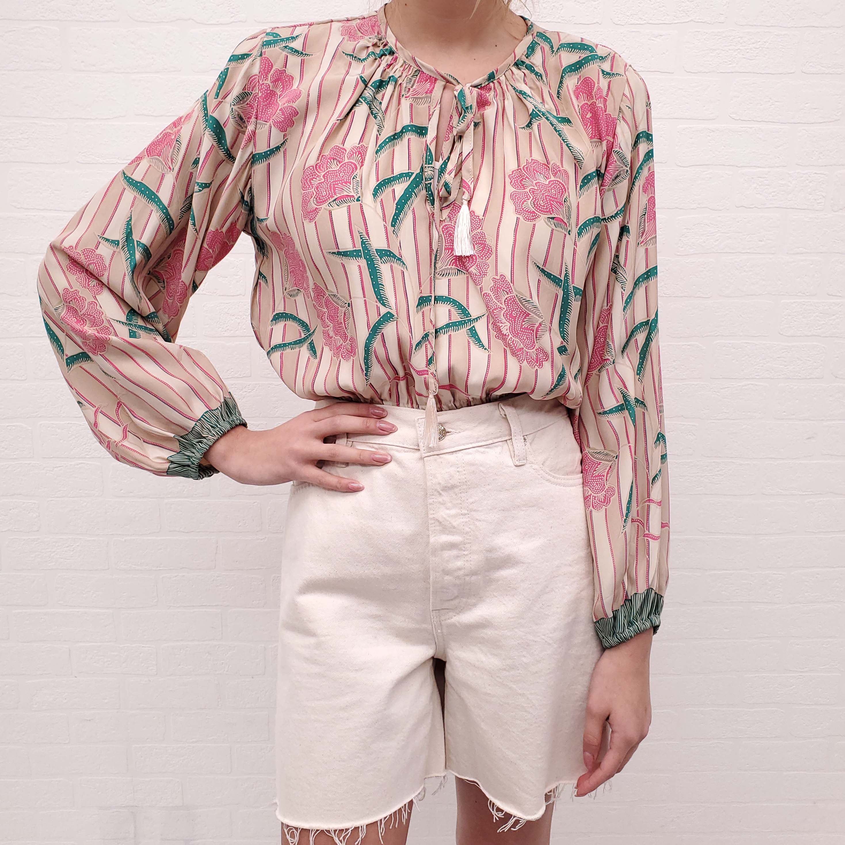 NATALIE MARTIN SILK PINK AND GREEN FLORAL BLOUSE - SIZE S