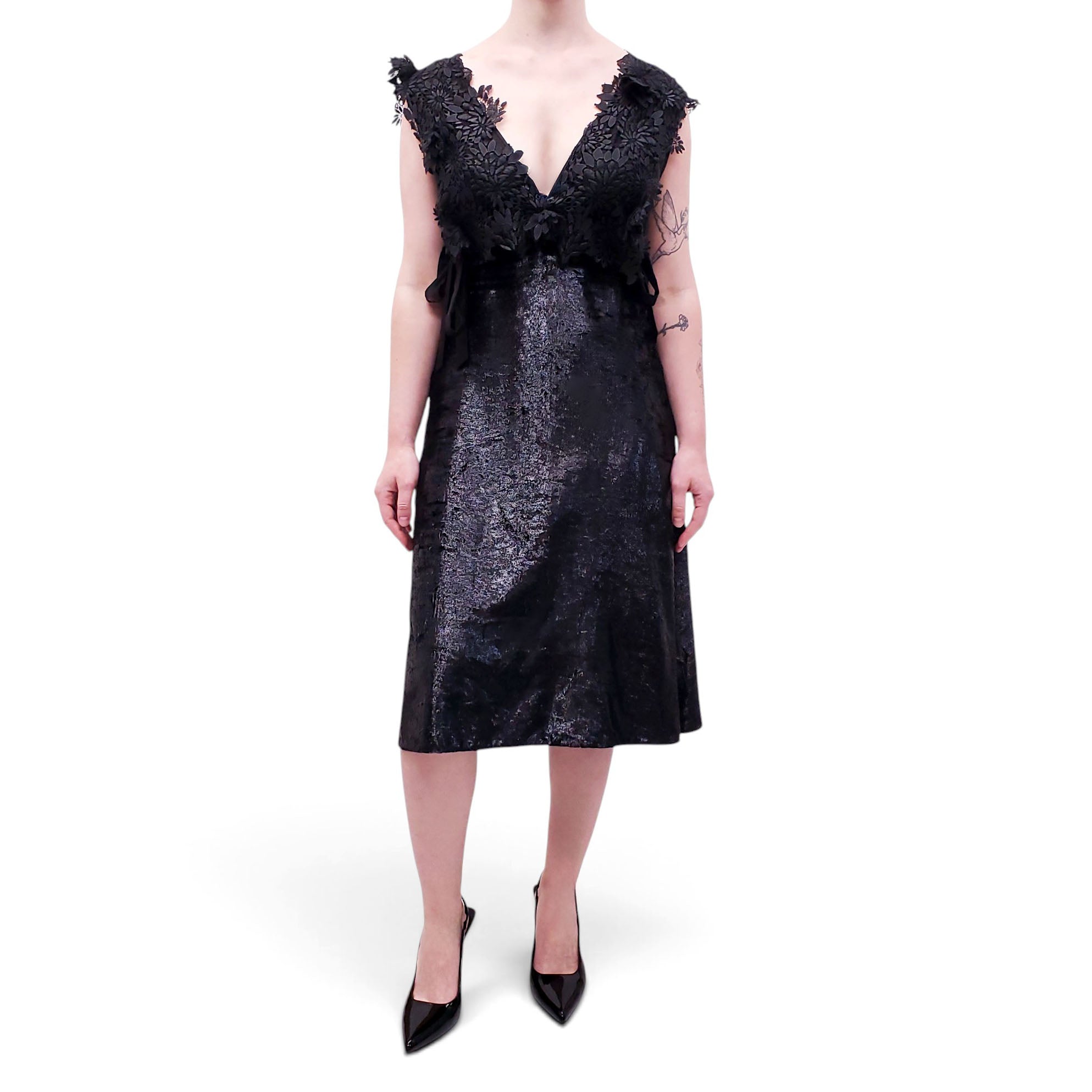 NINA RICCI BLACK EYELET FLORAL DRESS - SIZE 42