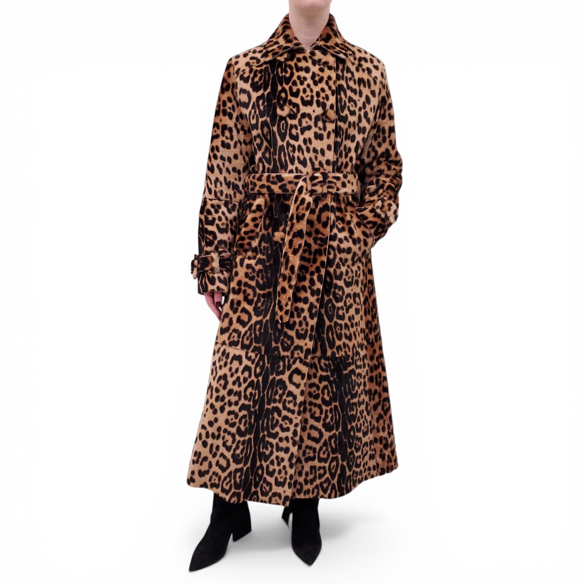 NOUR HAMMOUR LEOPARD PONY HAIR TRENCH COAT - SIZE 38