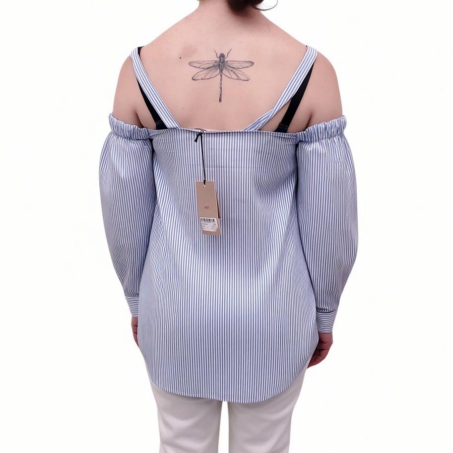 Nº21 BLUE AND WHITE STRIPED BLOUSE WITH EMBROIDERED BIRD DETAIL - SIZE 40