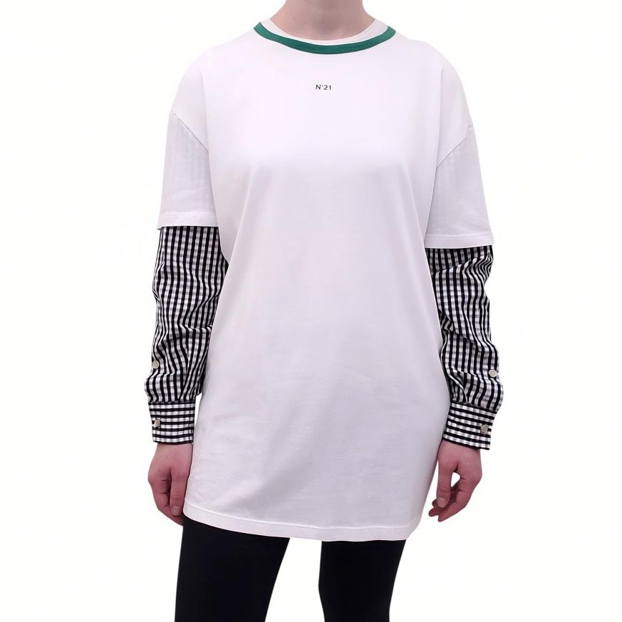 Nº21 WHITE LAYERED T-SHIRT WITH GREEN NECKLINE AND CHECKERED SLEEVES - SIZE S