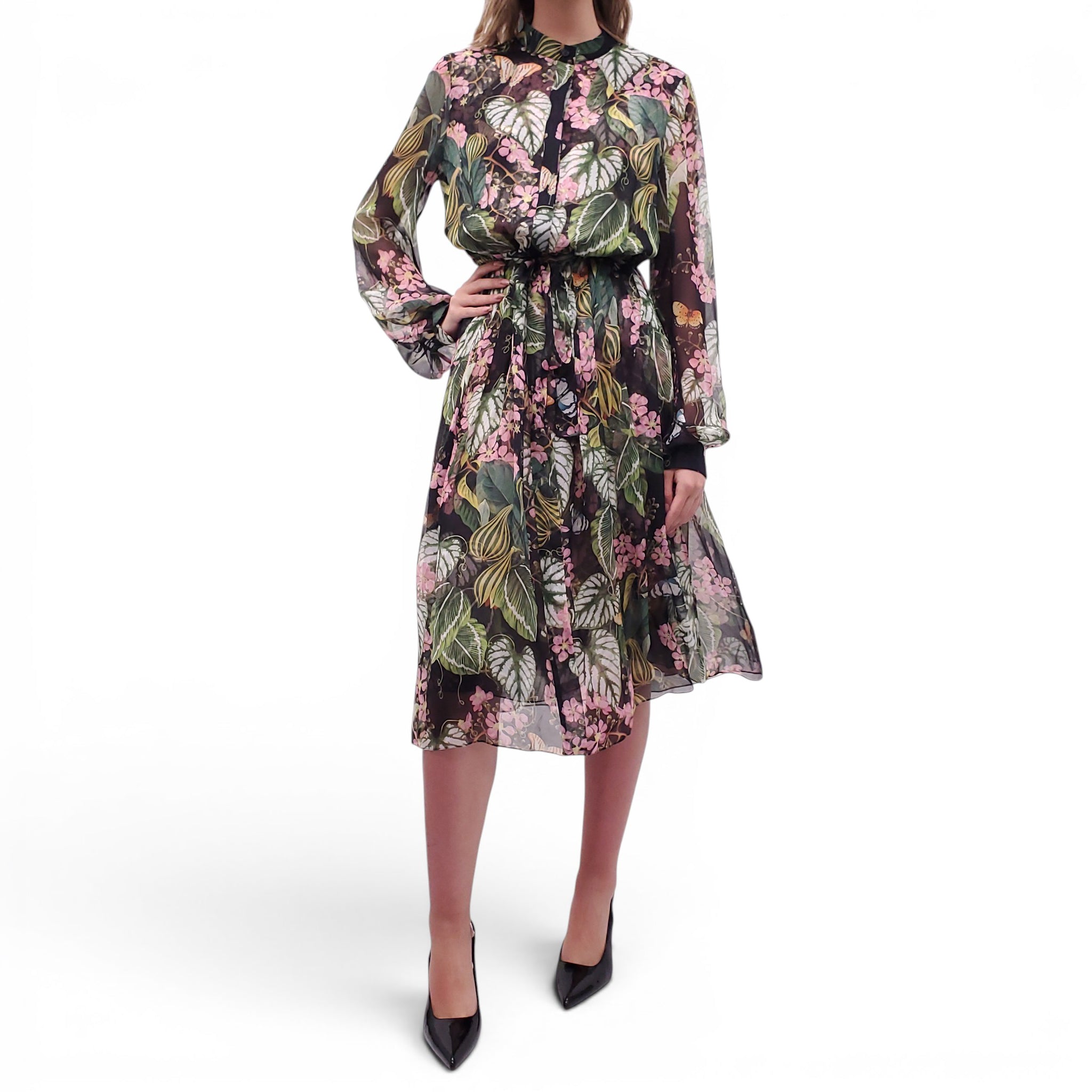OSCAR DE LA RENTA BLACK FLORAL BUTTERFLY PATTERNED DRESS - SIZE 10