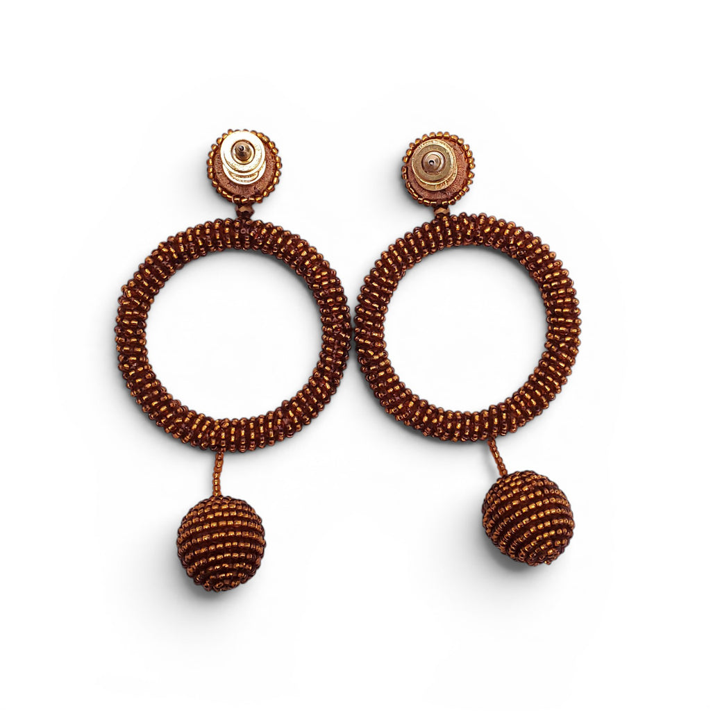 OSCAR DE LA RENTA BRONZE BEADED HOOP DROP EARRINGS