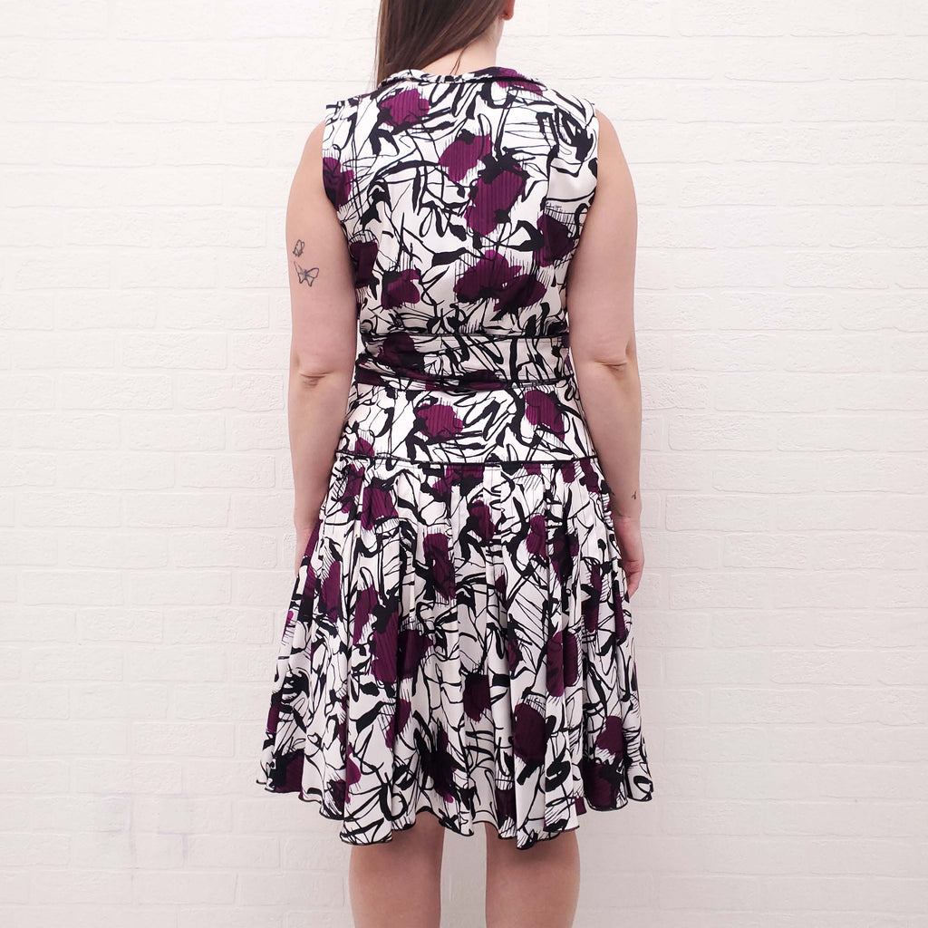 OSCAR DE LA RENTA CREAM AND PURPLE FLORAL SILK DRESS WITH TIE - SIZE 10