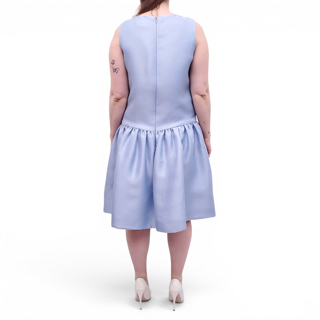 OSCAR DE LA RENTA LIGHT BLUE GATHERED DUCHESS SILK-SATIN GATHERED DROP WAIST DRESS - SIZE 12