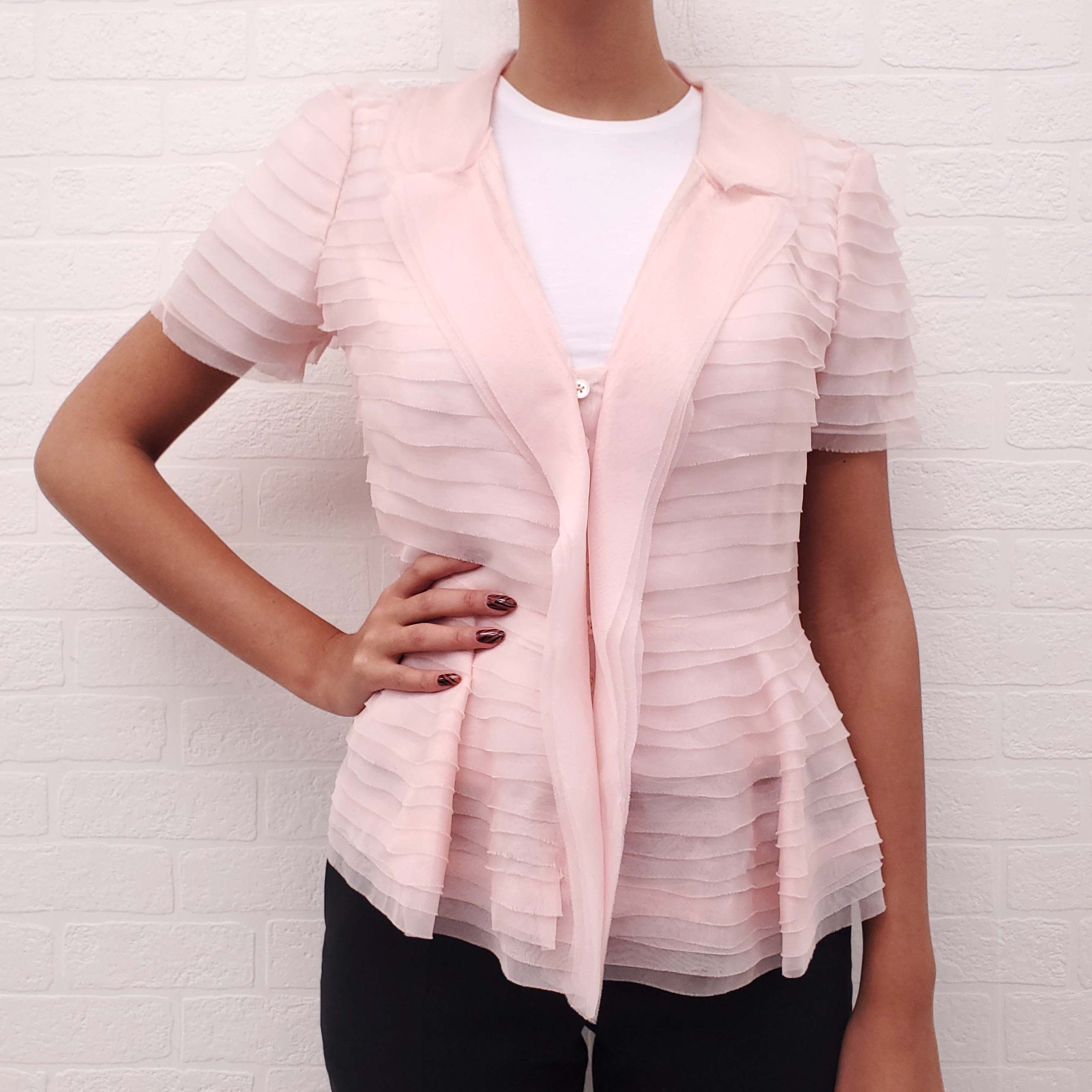 OSCAR DE LA RENTA PINK SHORT SLEEVED PLEATED JACKET - SIZE 4