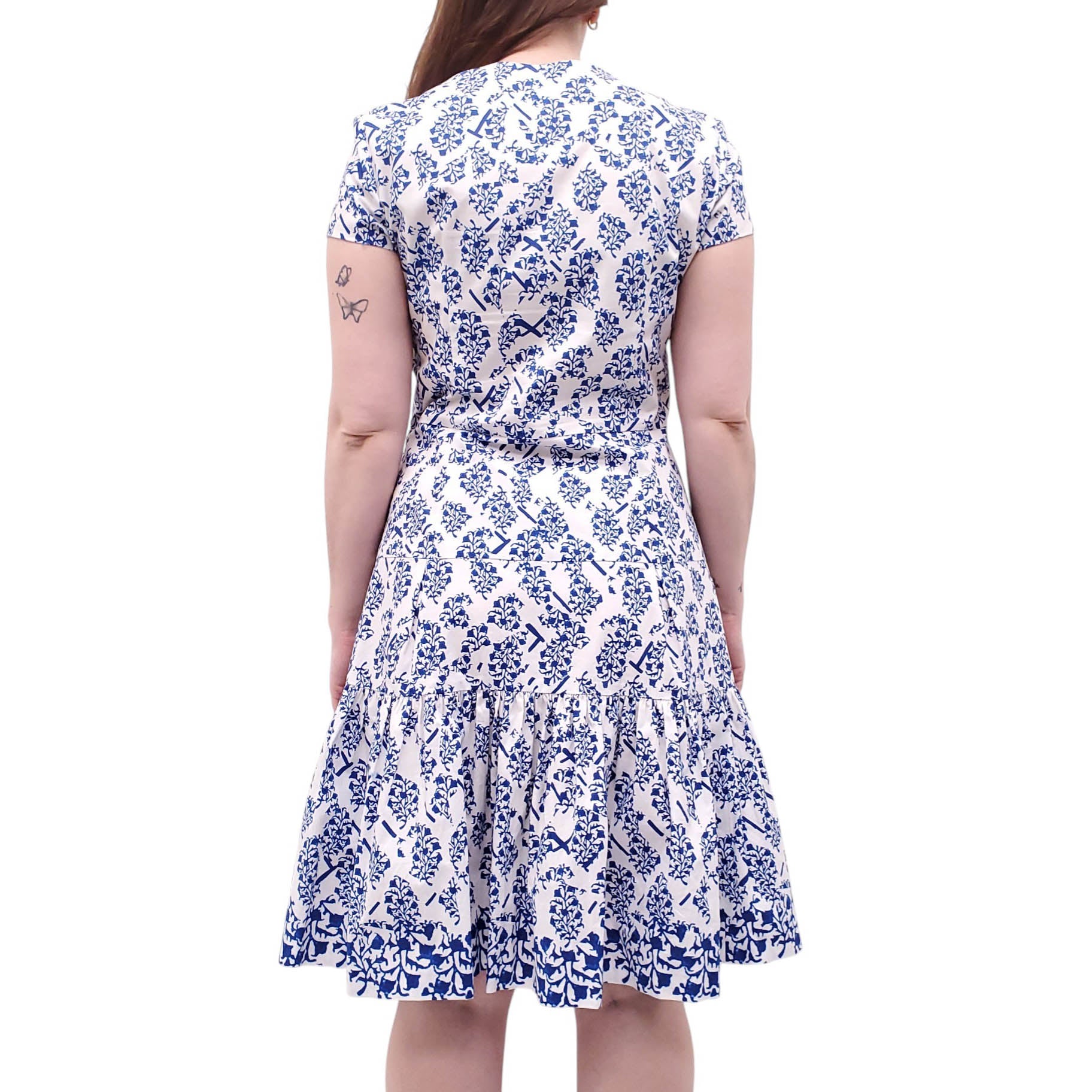 OSCAR DE LA RENTA WHITE AND BLUE COTTON FLORAL DRESS - SIZE 12