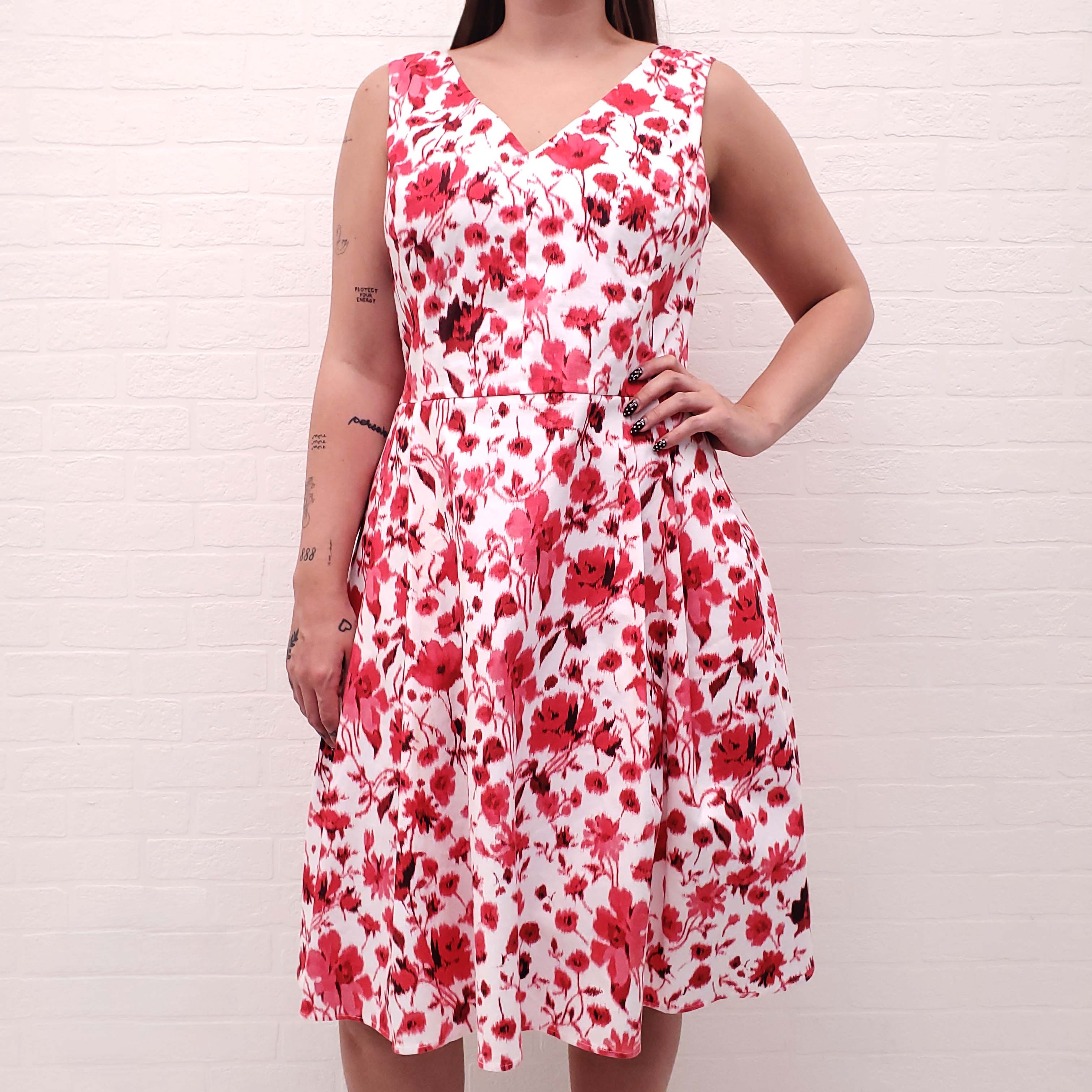 OSCAR DE LA RENTA WHITE AND PINK COTTON FLORAL DRESS - SIZE 10