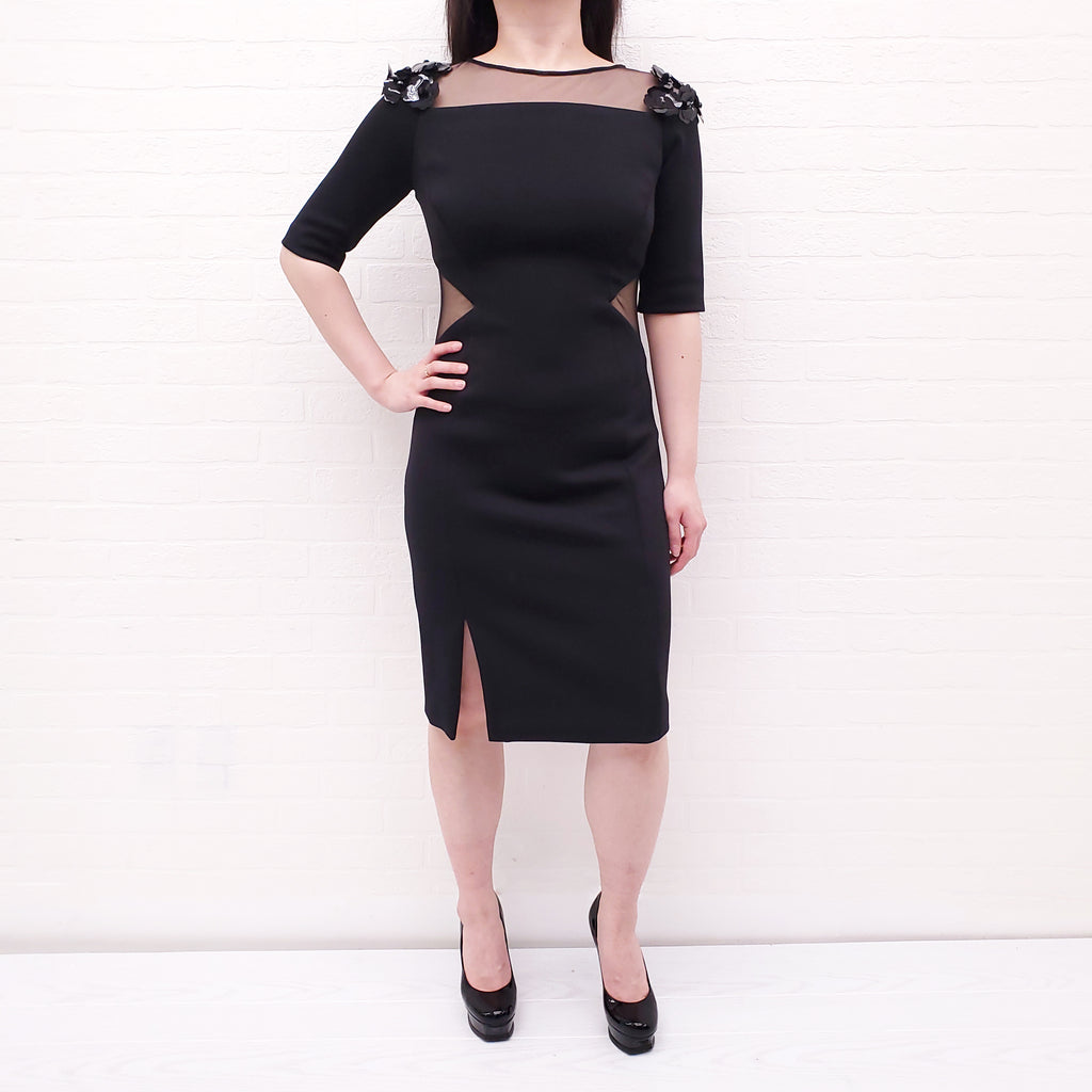 PRABAL GURUNG BLACK DRESS WITH MESH AND SEQUIN DETAIL - SIZE 6