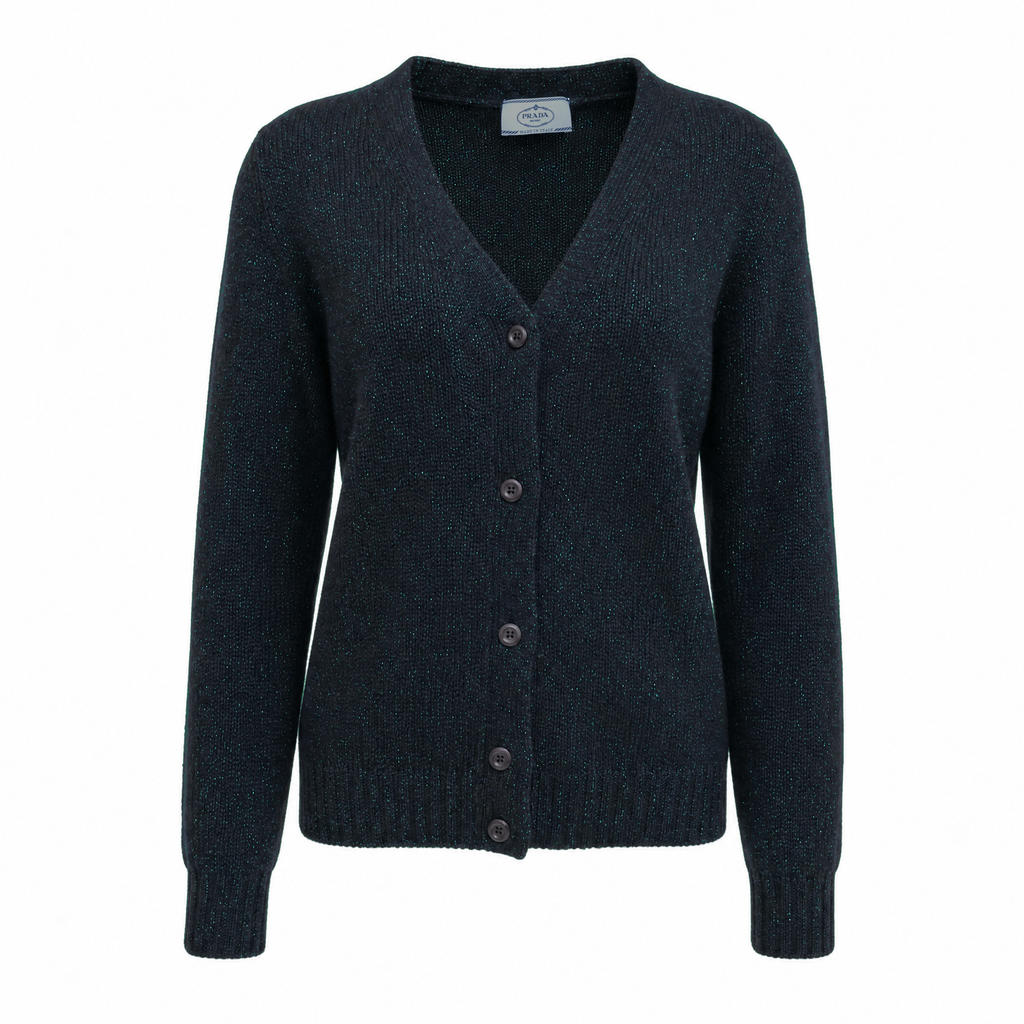 PRADA BLACK AND METALLIC GREEN CARDIGAN WITH SUEDE ELBOW PATCHES - SIZE 42