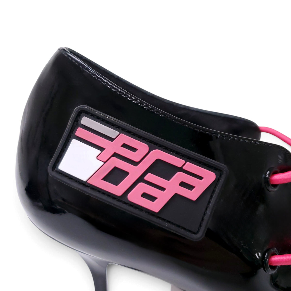PRADA BLACK AND PINK PATENT LOGO HEELS - SIZE 40