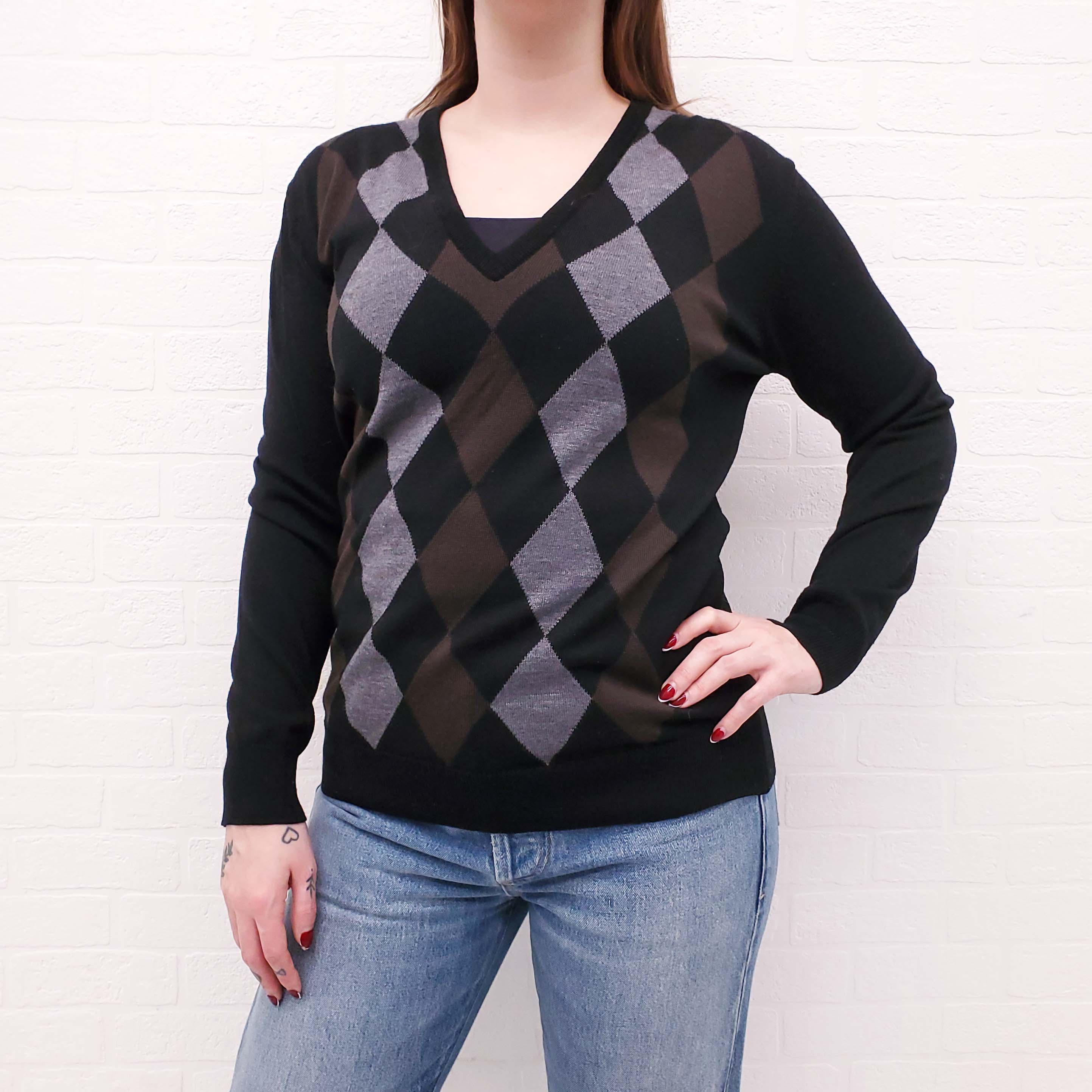 PRADA BLACK ARGYLE SWEATER - SIZE 38
