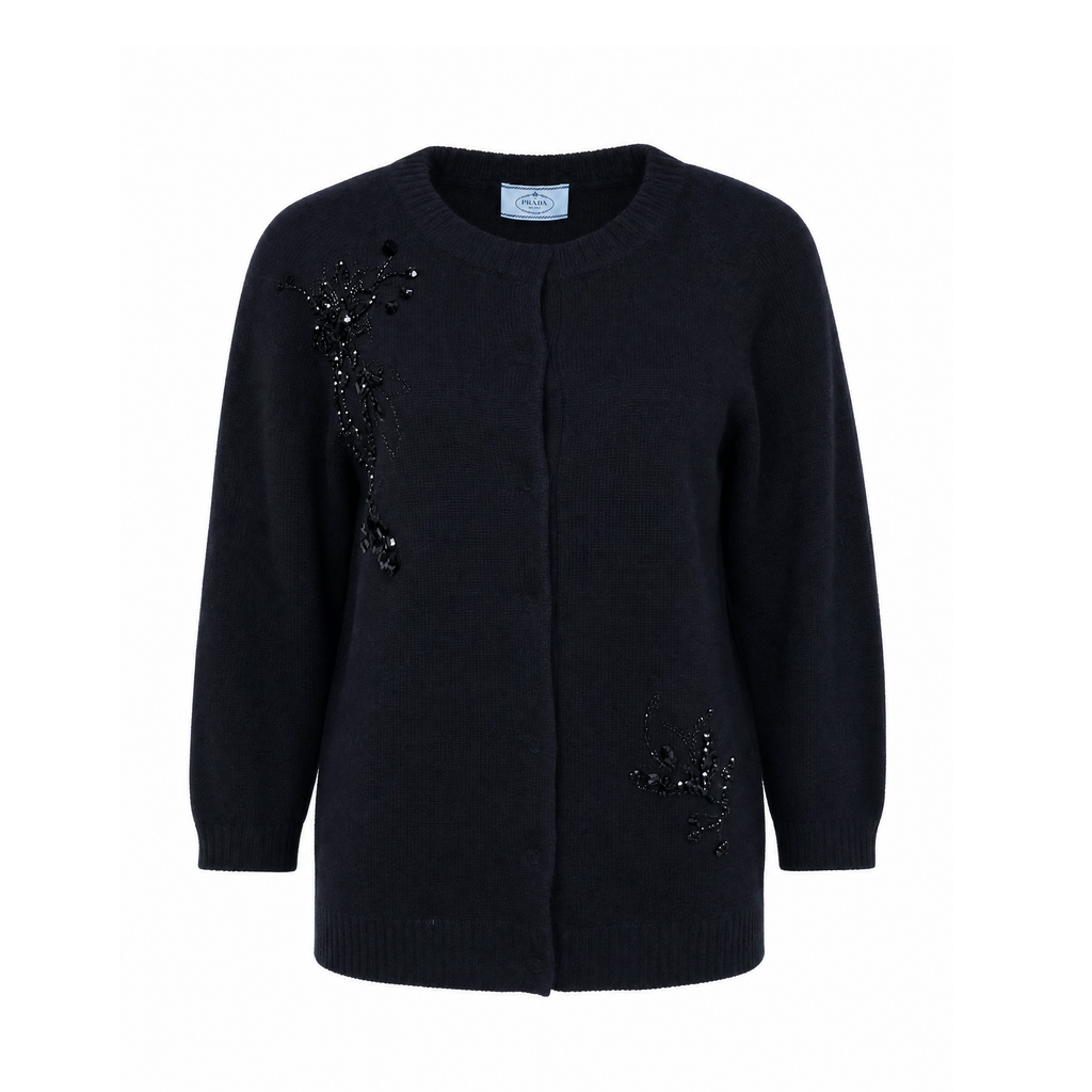PRADA BLACK CASHMERE BEADED CARDIGAN - SIZE 44