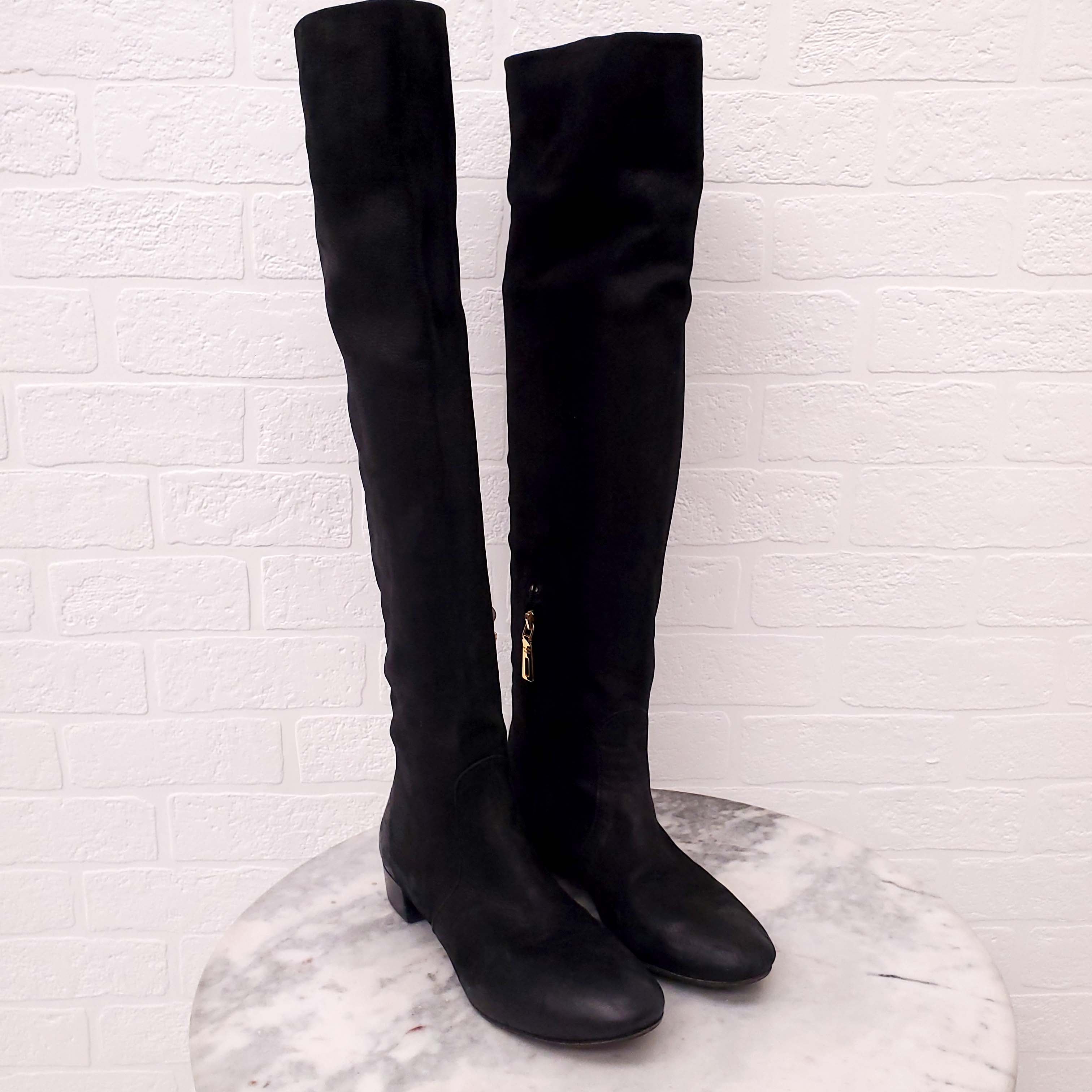 PRADA BLACK DISTRESSED BOOTS WITH GOLD ZIPPER - SIZE 36.5