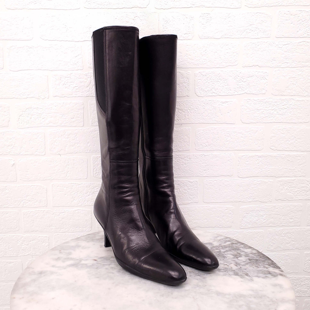 PRADA BLACK LEATHER BOOTS WITH ELASTIC DETAIL AND KITTEN HEEL - SIZE 36