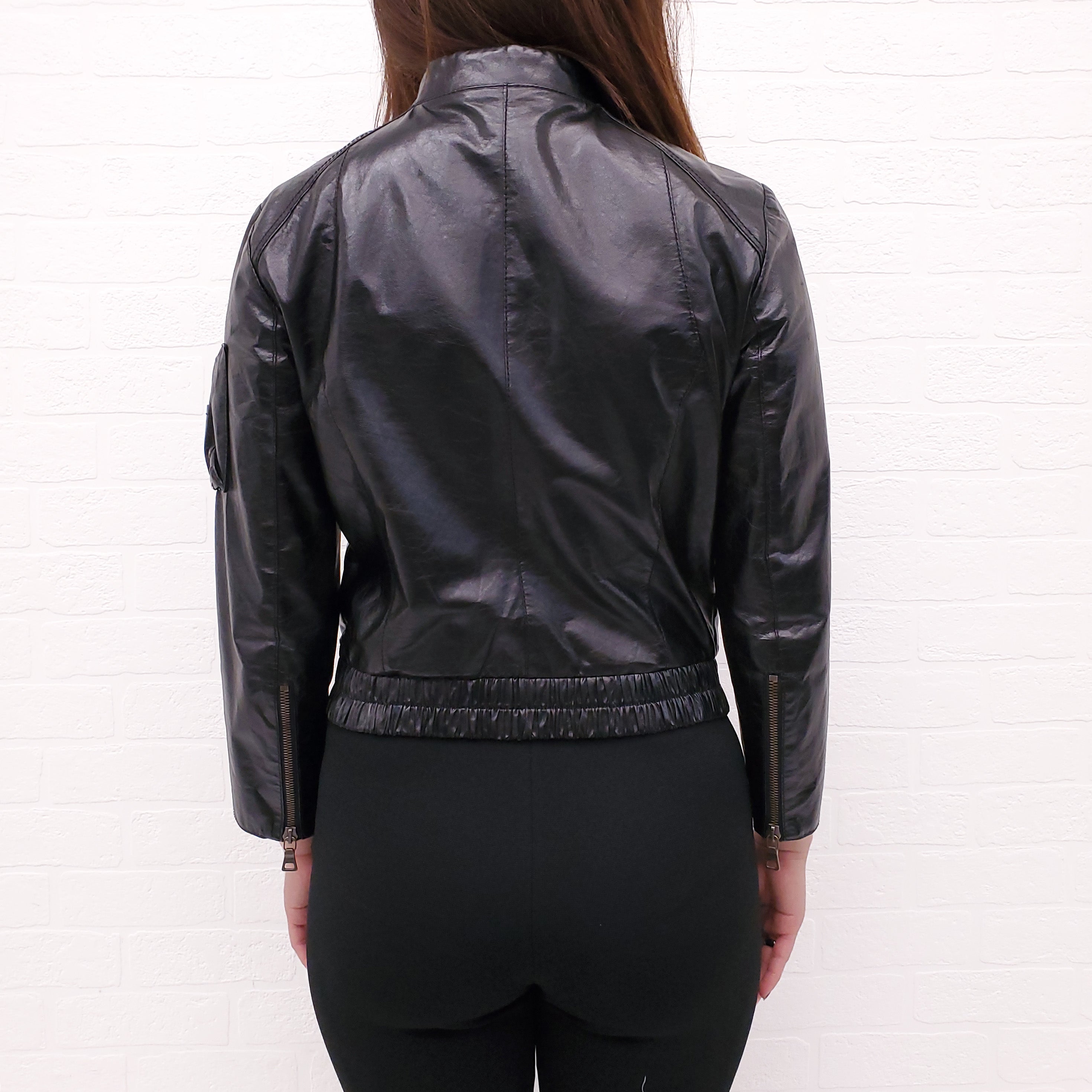 PRADA BLACK LEATHER CRINKLED CROPPED JACKET - SIZE 38