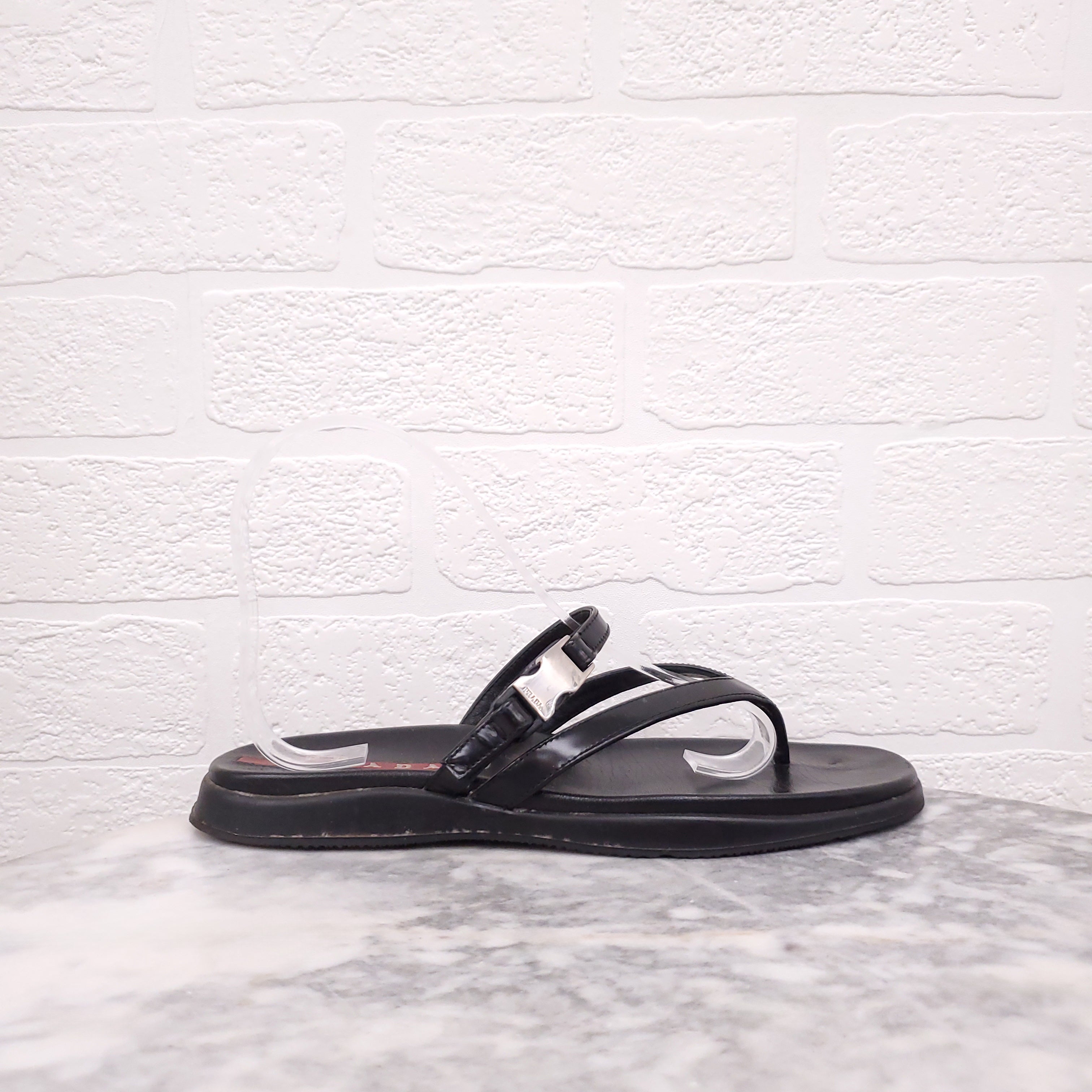 PRADA BLACK LEATHER FLIP FLOPS WITH BUCKLE - SIZE 37