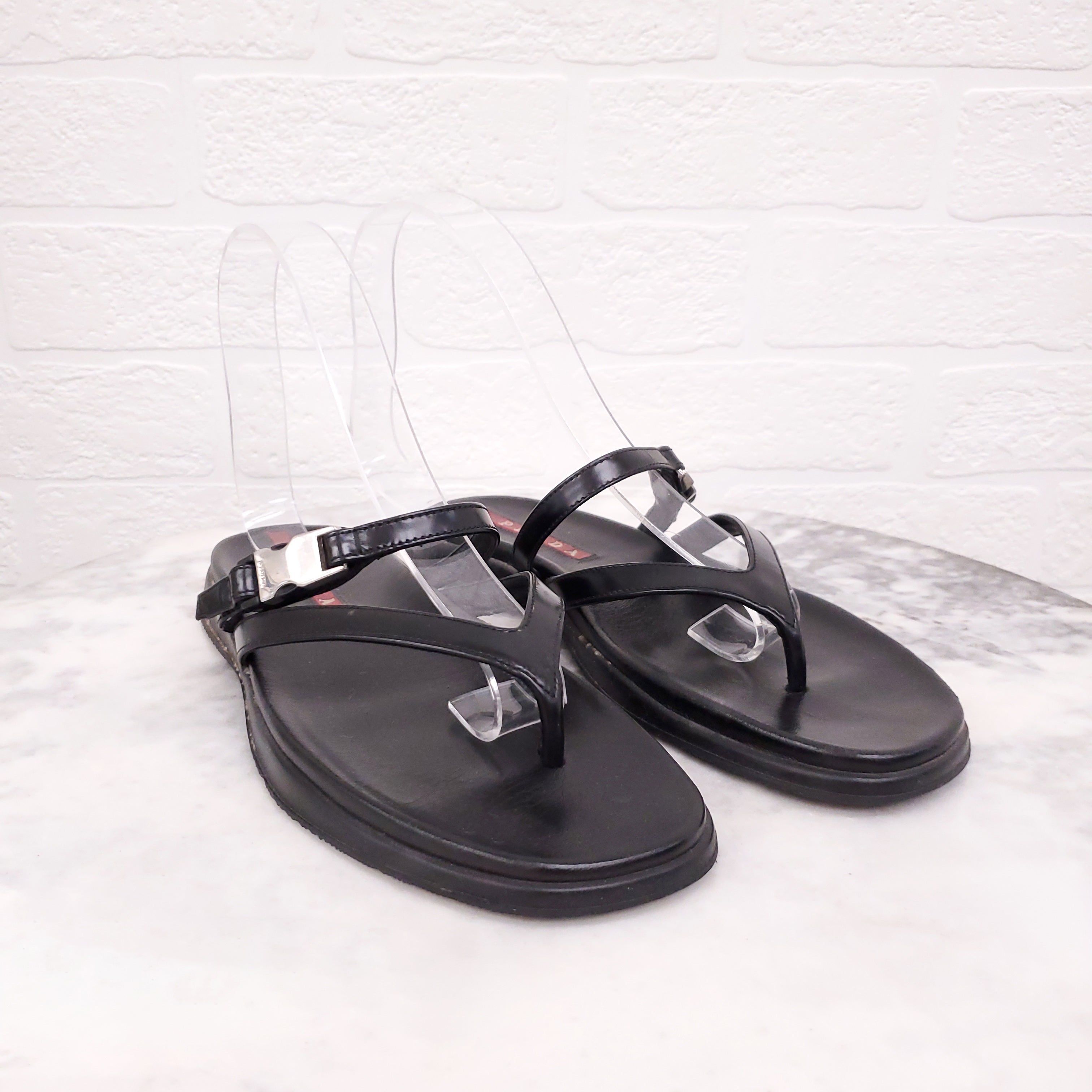 PRADA BLACK LEATHER FLIP FLOPS WITH BUCKLE - SIZE 37