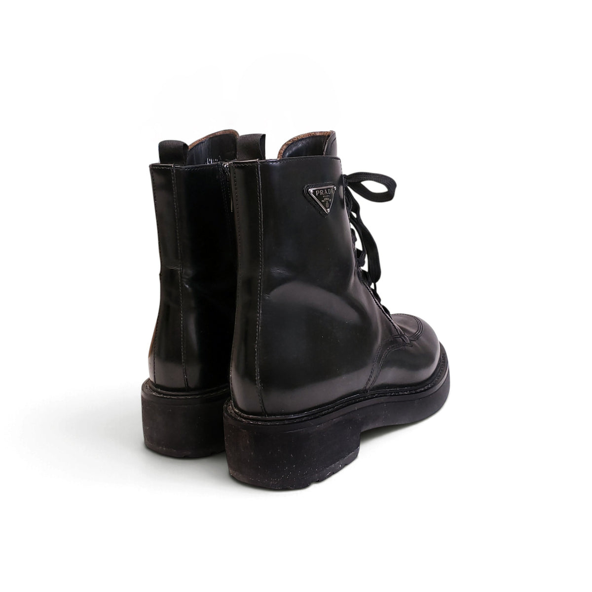 PRADA BLACK LEATHER MOTO LOGO BOOTS - SIZE 41
