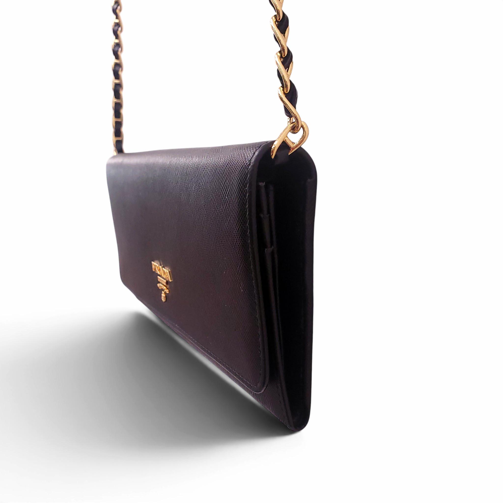 PRADA BLACK LEATHER WALLET ON A CHAIN
