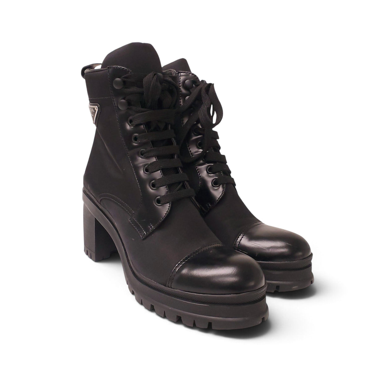 PRADA BLACK NYLON AND LEATHER BOOTIES WITH LOGO - SIZE 40