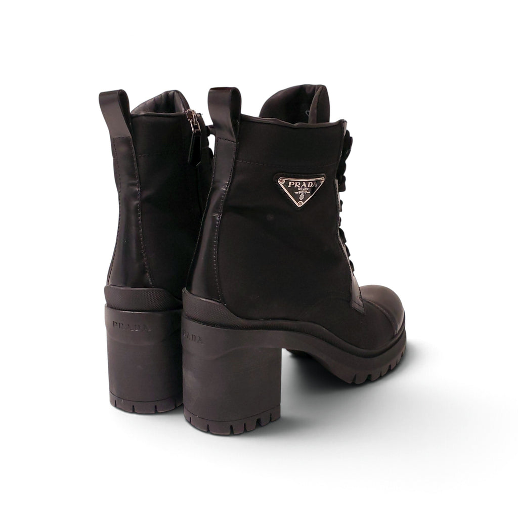 PRADA BLACK NYLON AND LEATHER BOOTIES WITH LOGO - SIZE 40
