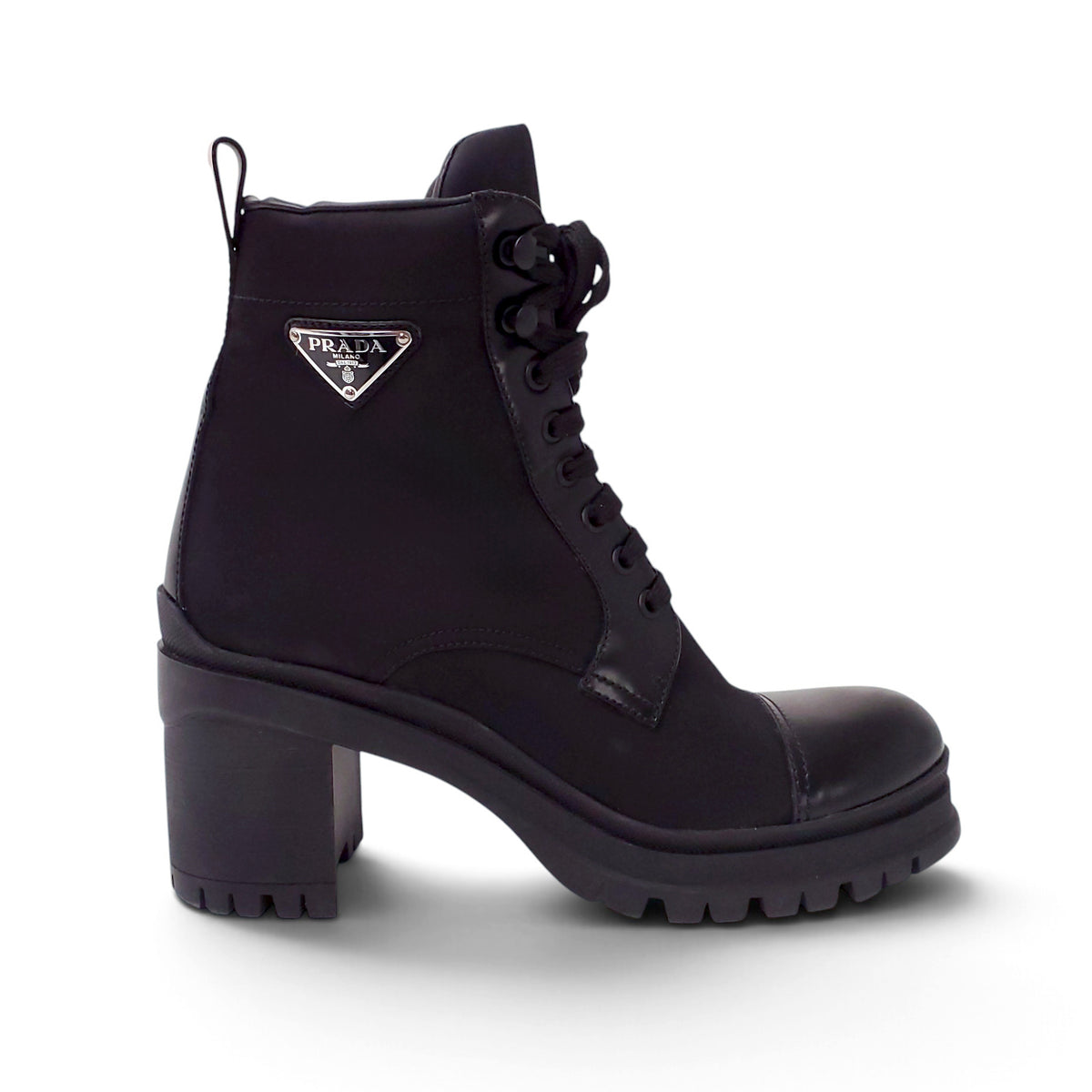 PRADA BLACK NYLON AND LEATHER BOOTIES WITH LOGO - SIZE 40