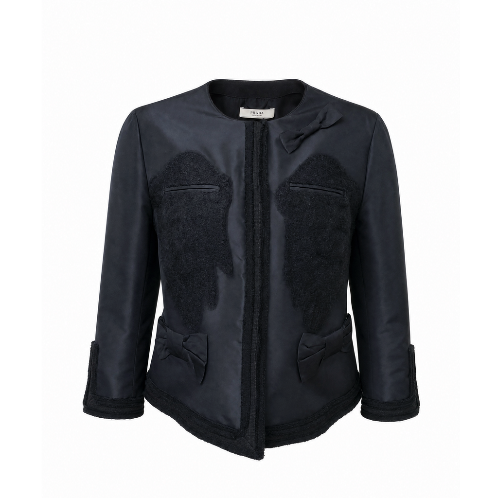 PRADA BLACK NYLON JACKET WITH BOW AND EMBROIDERED DETAIL - SIZE 46