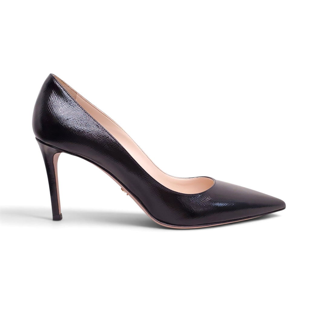 PRADA BLACK PATENT SAFFIANO LEATHER HEELS - SIZE 38