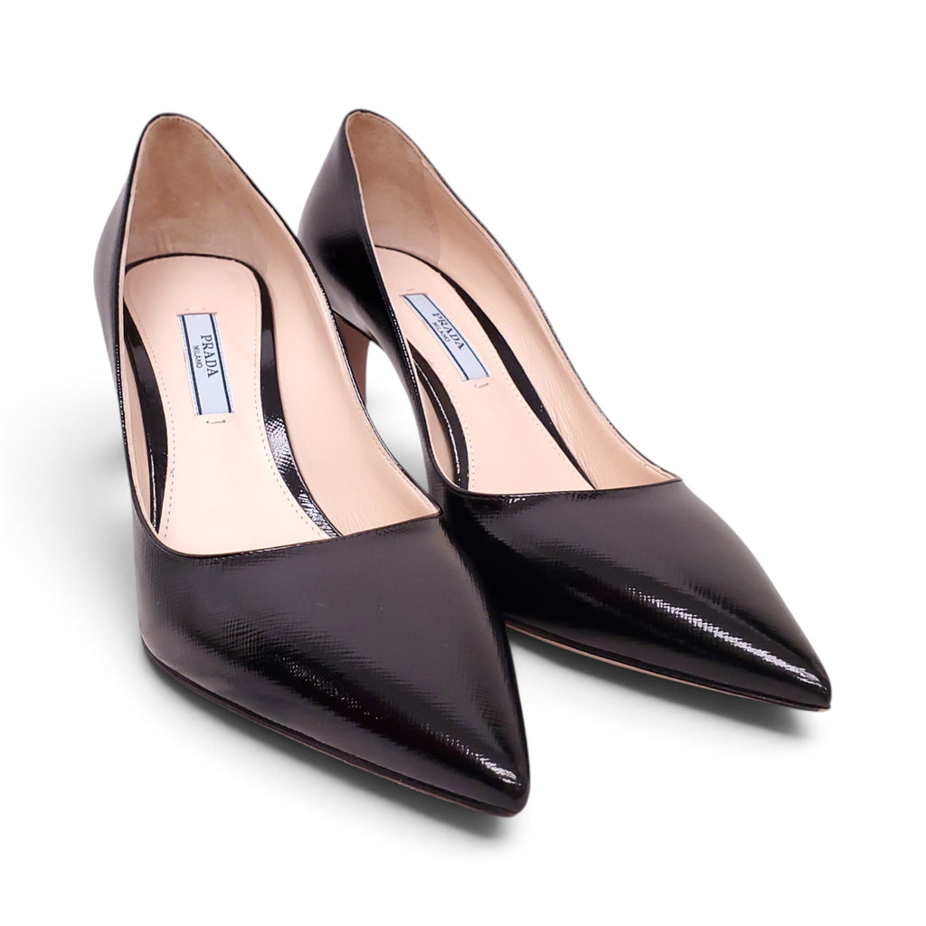PRADA BLACK PATENT SAFFIANO LEATHER HEELS - SIZE 38