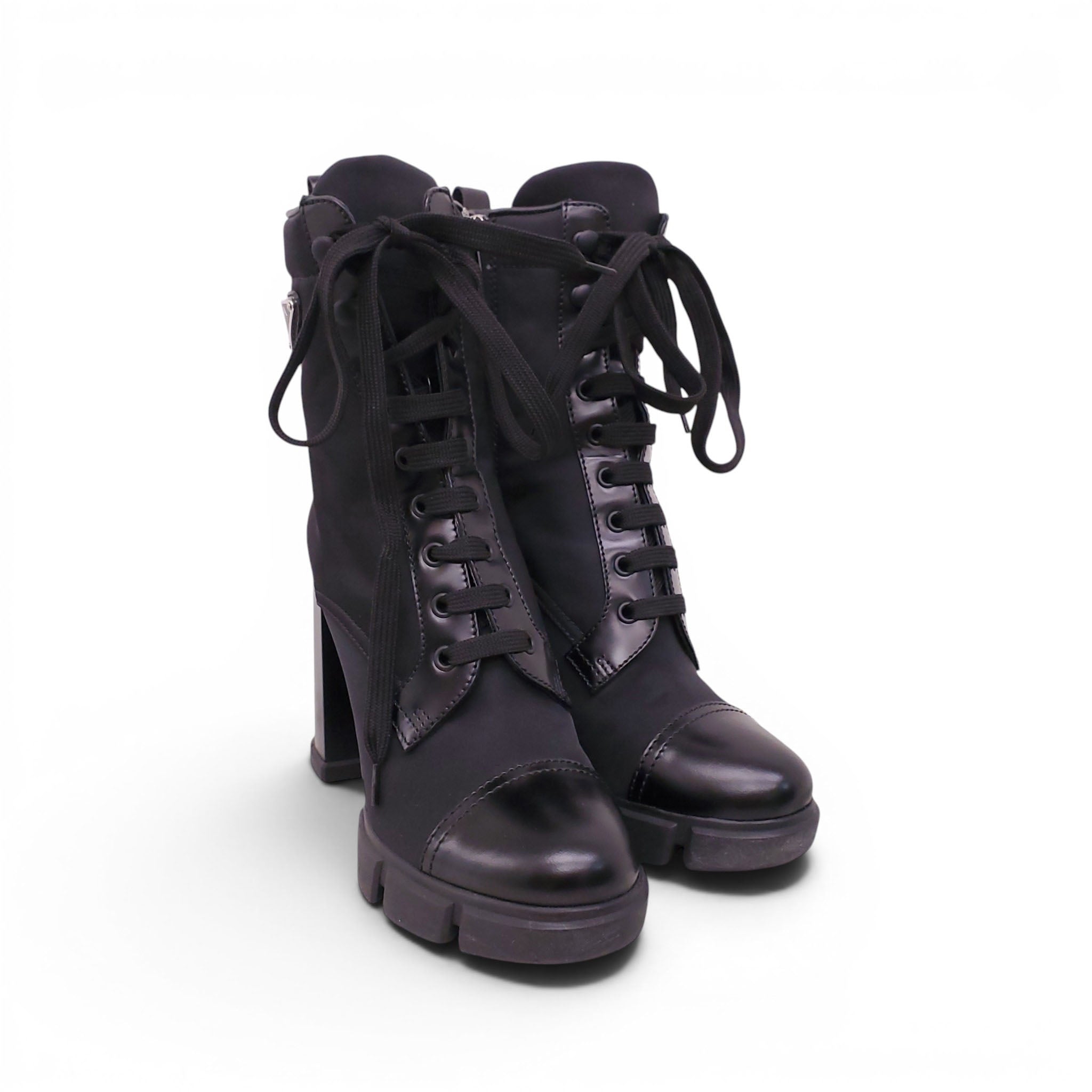PRADA BLACK RE-EDITION NYLON AND LEATHER COMBAT BOOTS - SIZE 38.5