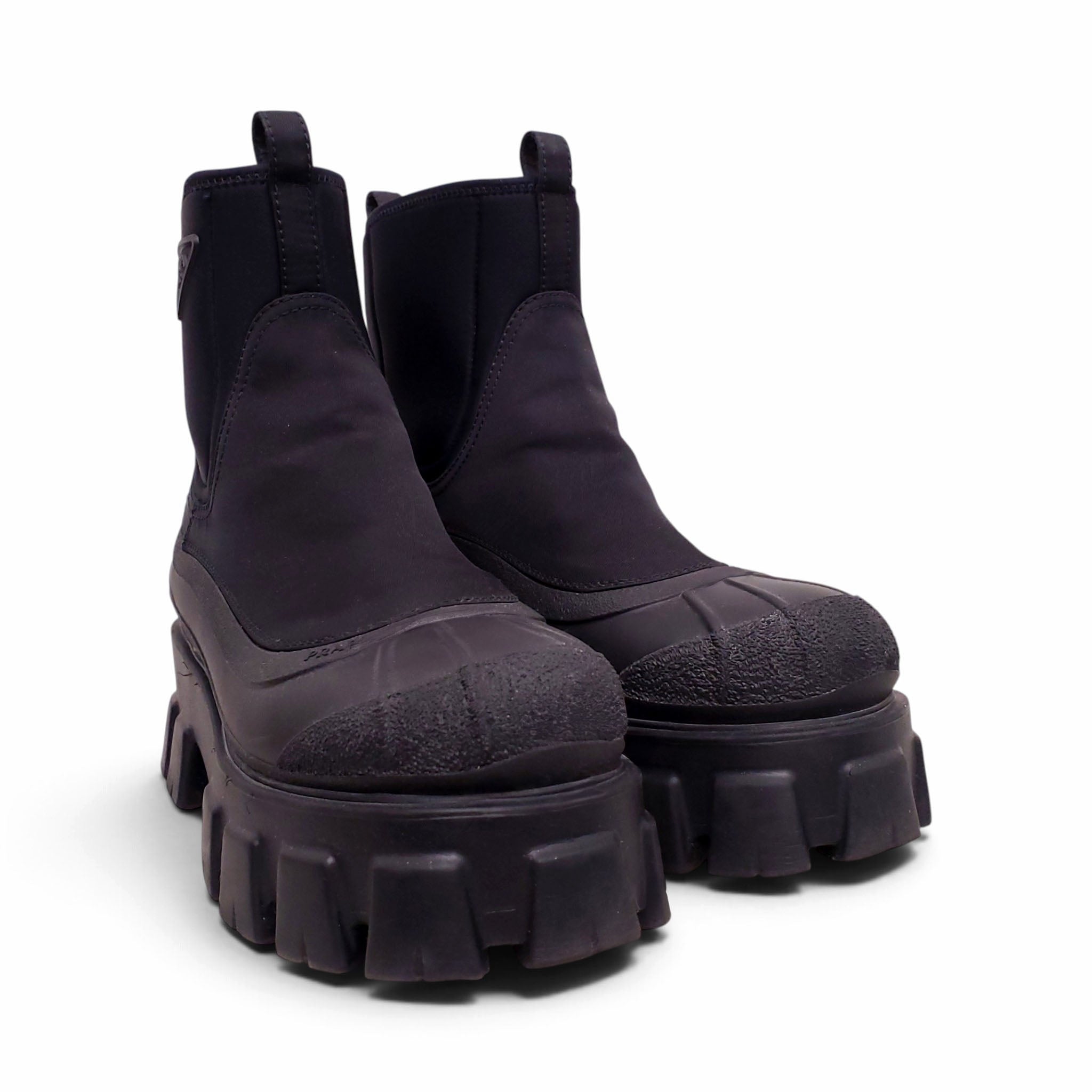PRADA BLACK RE-NYLON LOGO BOOTS - SIZE 38.5
