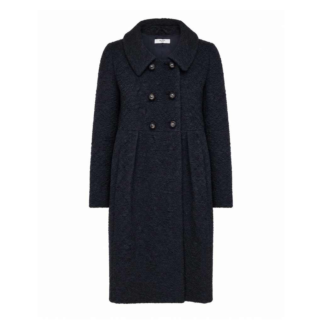 PRADA BLACK ROUCHED COAT WITH GOLD BUTTONS - SIZE 44