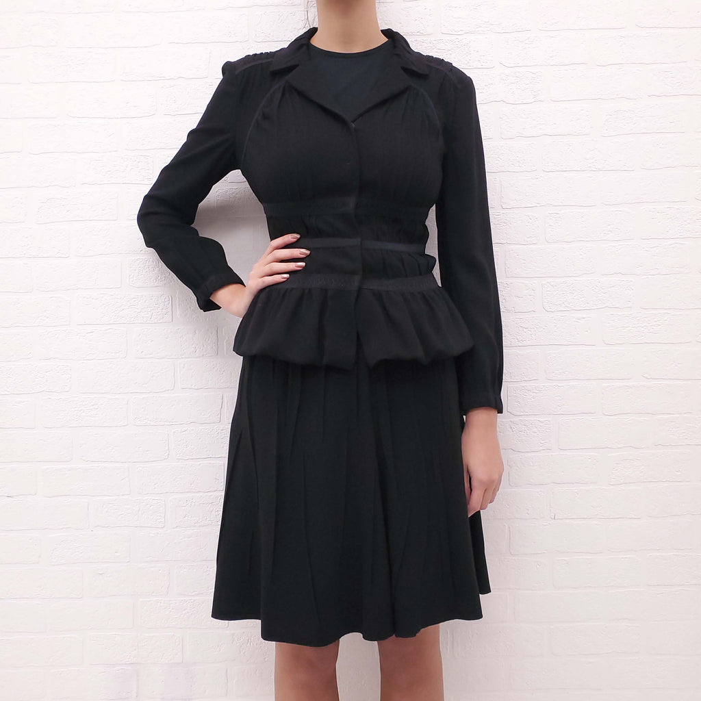 PRADA BLACK ROUCHED SKIRT SET WITH RIBBON DETAIL - SIZE 40