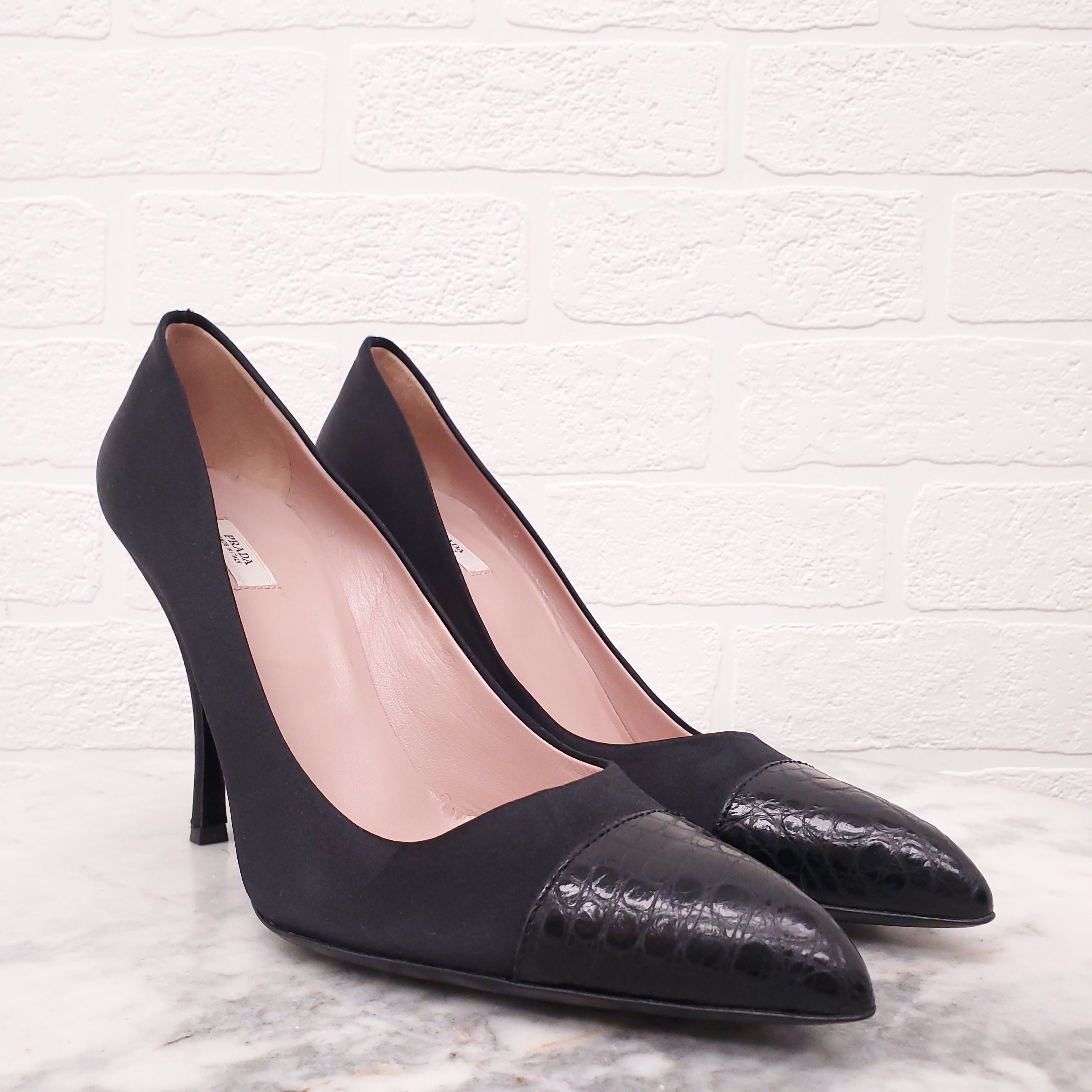 PRADA BLACK SATIN HEELS WITH SNAKESKIN DETAIL - SIZE 39.5