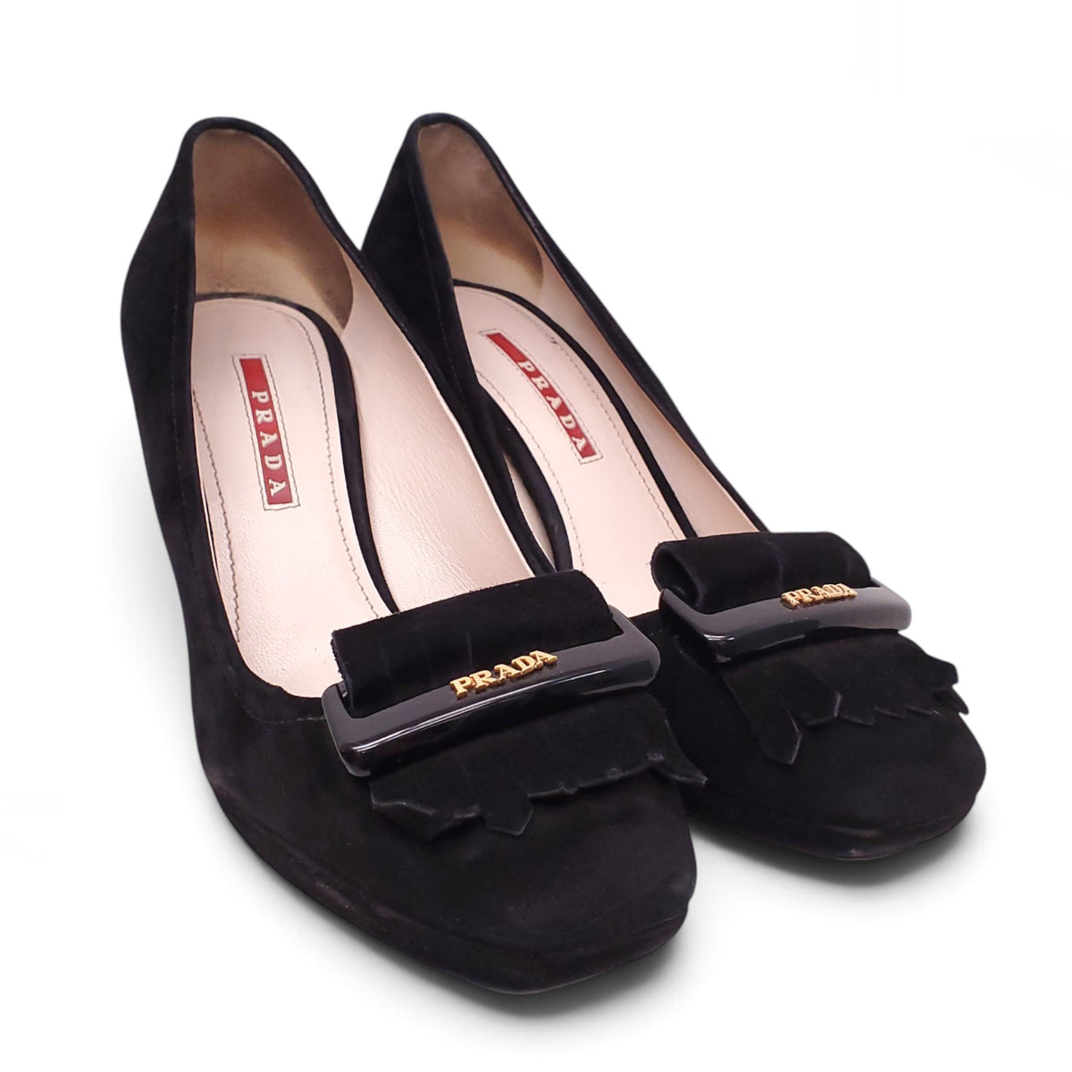 PRADA BLACK SUEDE LOGO FRINGE HEELS - SIZE 38.5