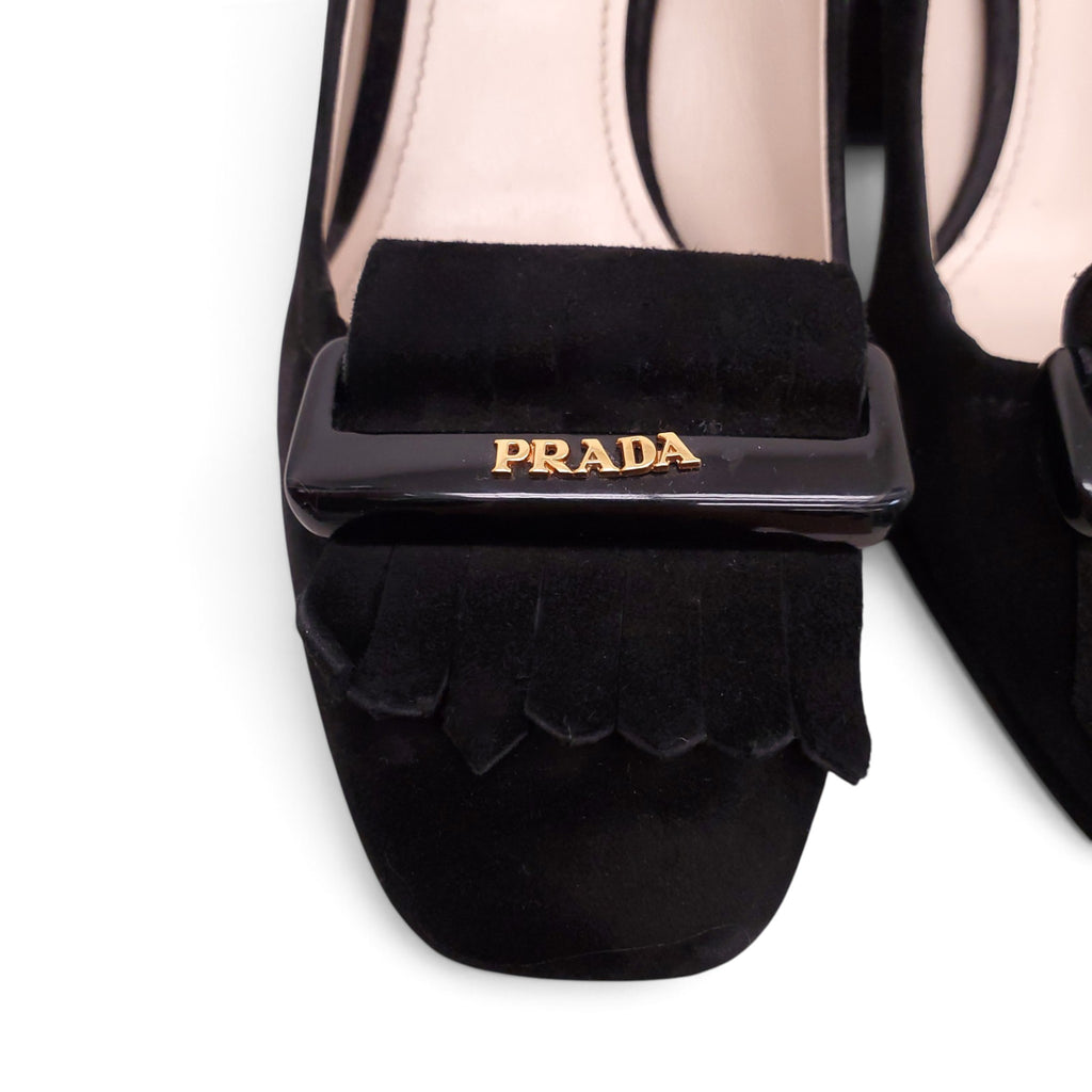 PRADA BLACK SUEDE LOGO FRINGE HEELS - SIZE 38.5