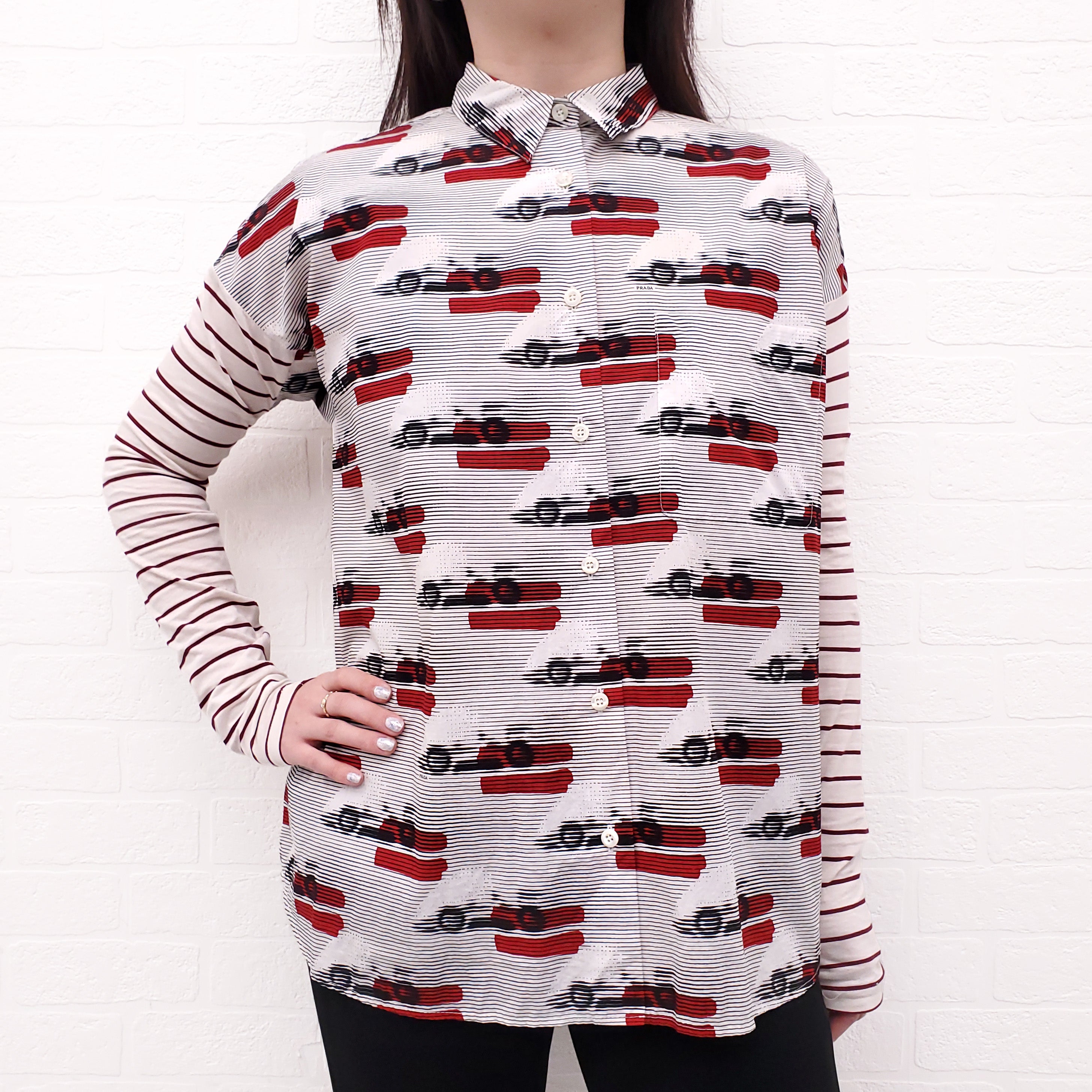 PRADA BLACK, WHITE AND RED STRIPE PATTERNED BUTTON UP BLOUSE WITH LOGO - SIZE 44