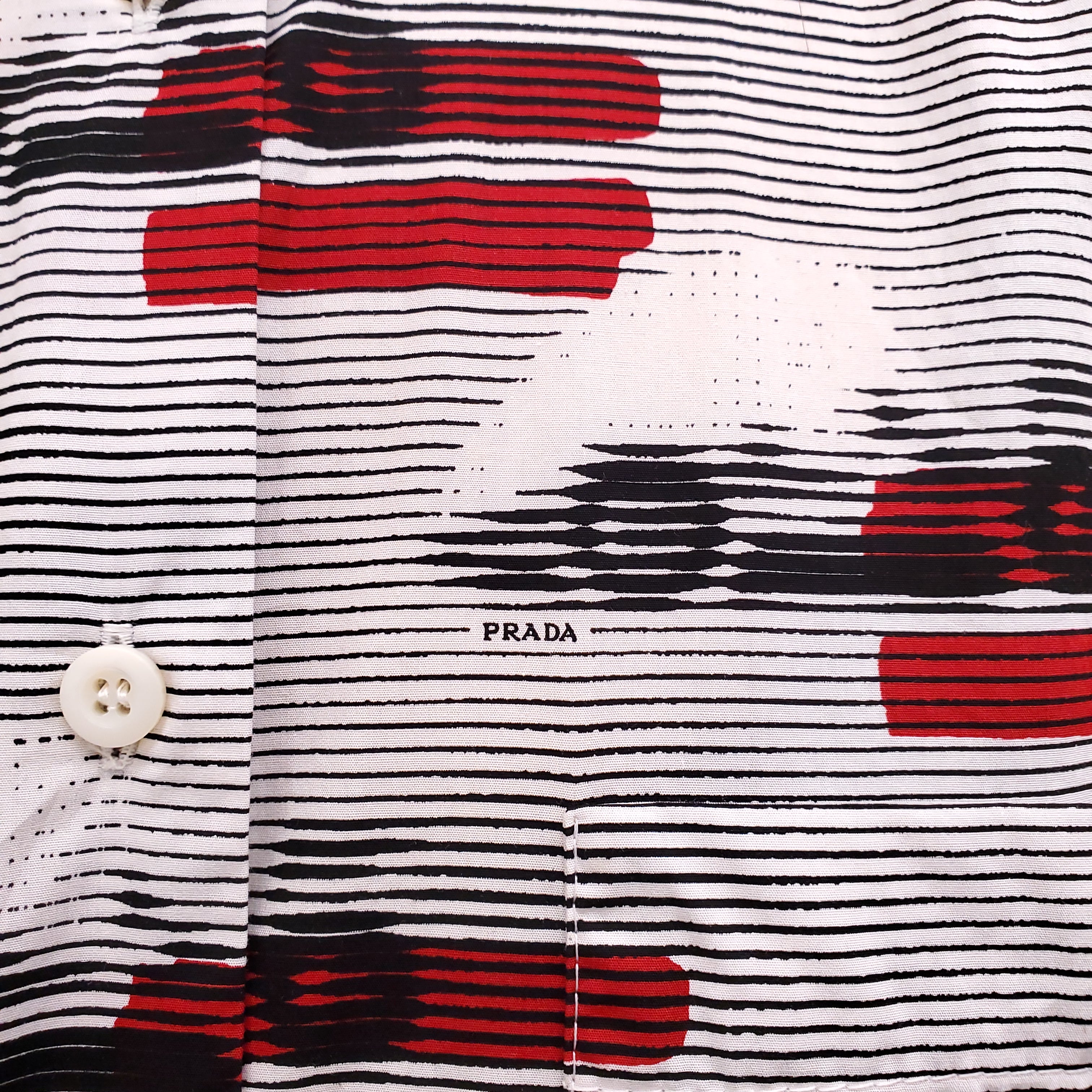 PRADA BLACK, WHITE AND RED STRIPE PATTERNED BUTTON UP BLOUSE WITH LOGO - SIZE 44