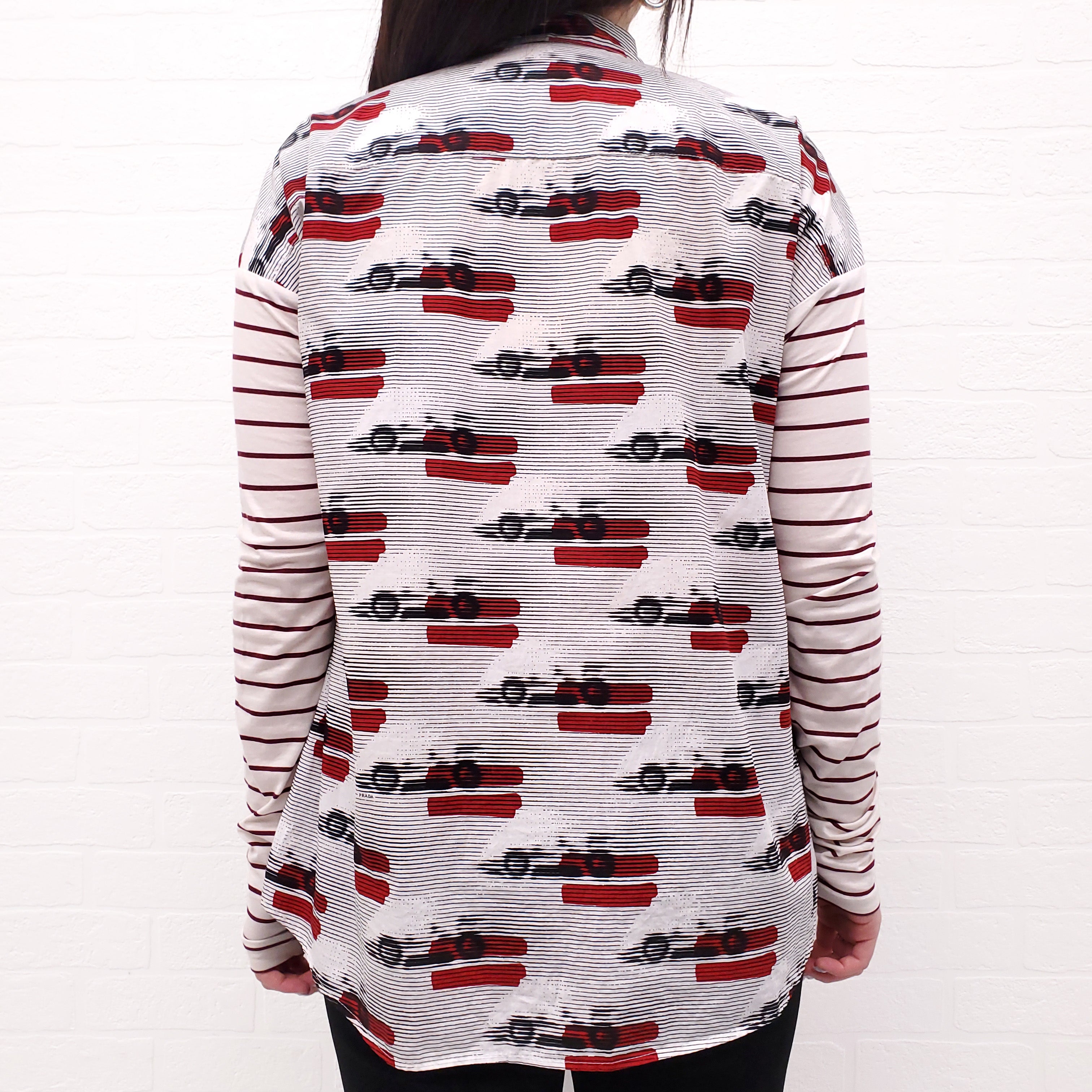 PRADA BLACK, WHITE AND RED STRIPE PATTERNED BUTTON UP BLOUSE WITH LOGO - SIZE 44