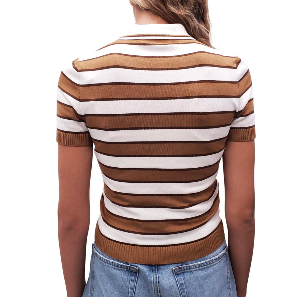 PRADA BROWN AND CREAM STRIPED LOGO SHORT SLEEVE POLO CARDIGAN - SIZE 36