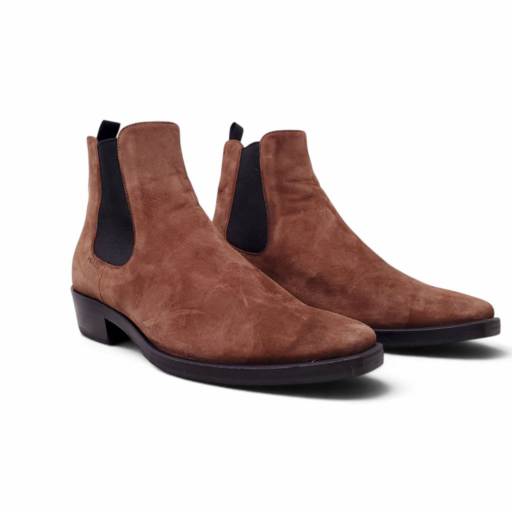 PRADA BROWN SUEDE CHELSEA BOOTS WITH LOGO - SIZE 38