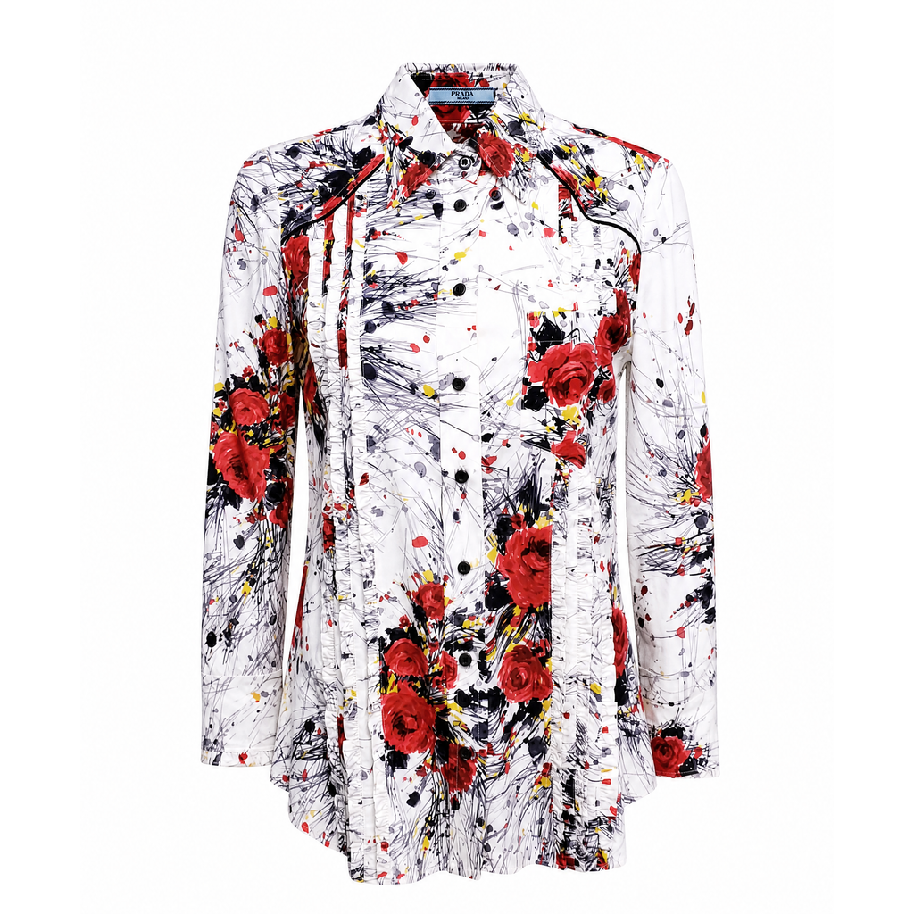 PRADA CREAM FLORAL WESTERN TUXEDO BLOUSE - SIZE 42