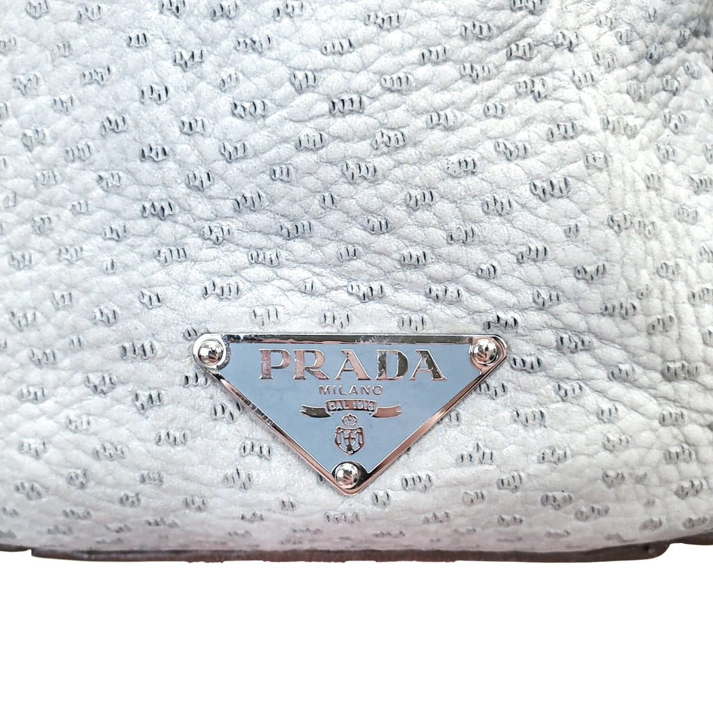 PRADA ENAMELED METAL TRIANGLE SUEDE SHOULDER BAG