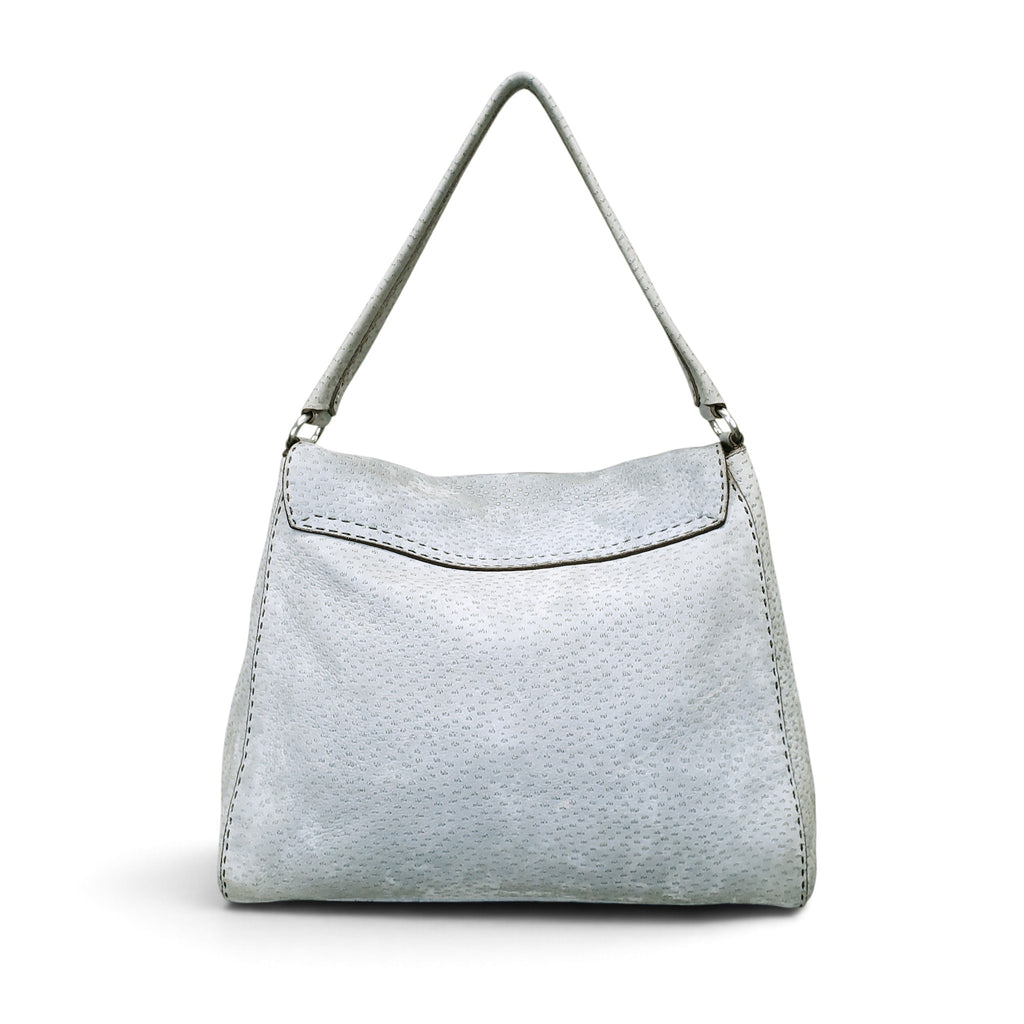 PRADA ENAMELED METAL TRIANGLE SUEDE SHOULDER BAG