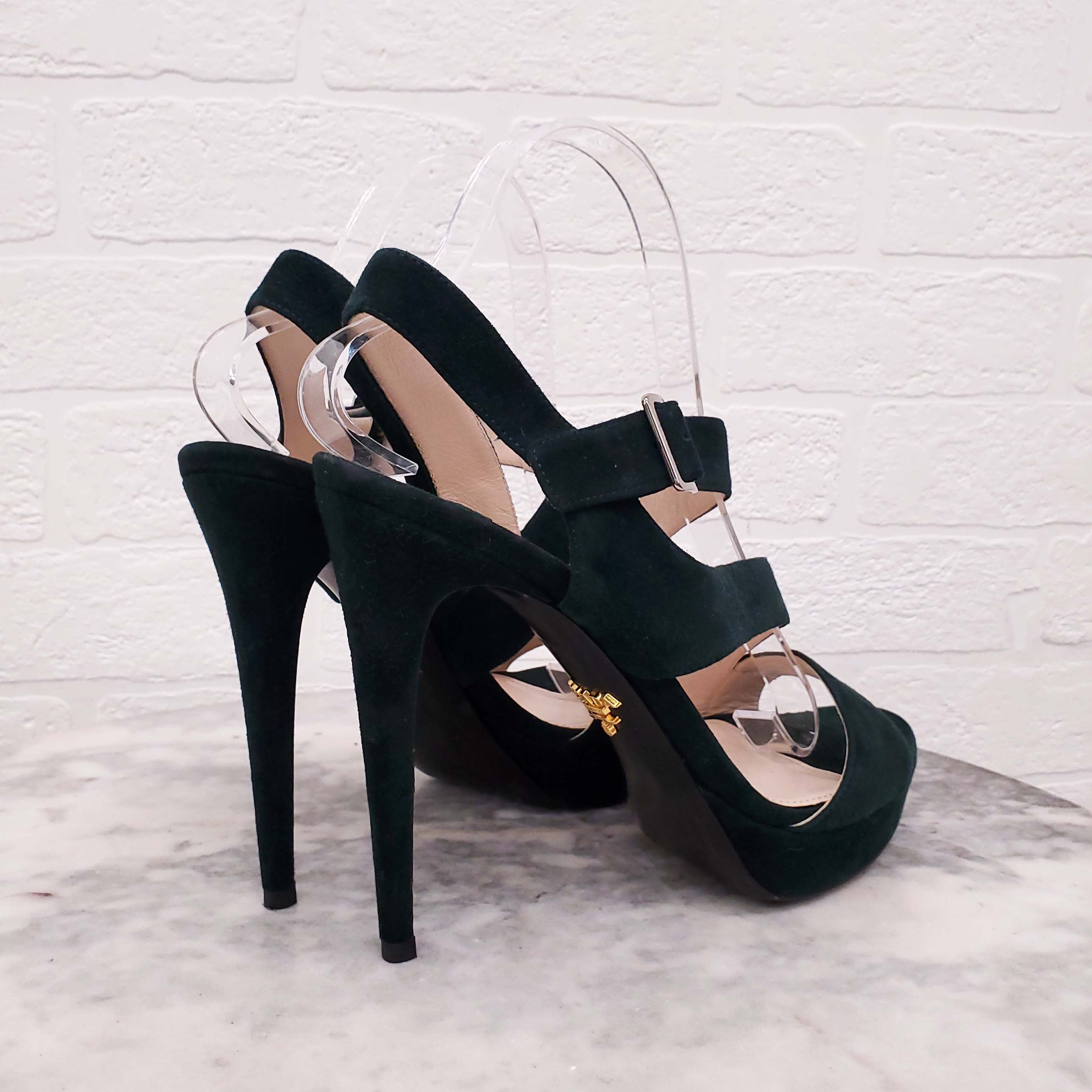 PRADA FOREST GREEN SUEDE HEELS - SIZE 39