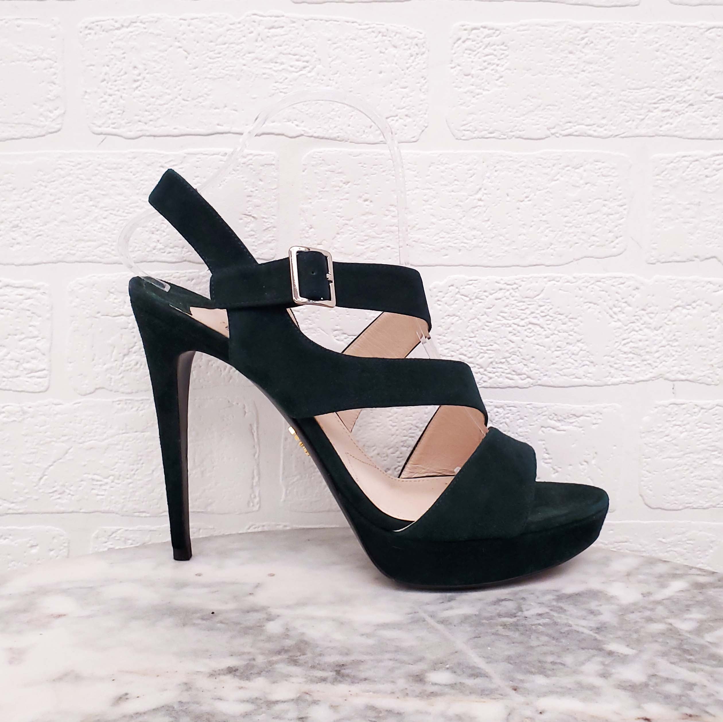 PRADA FOREST GREEN SUEDE HEELS - SIZE 39