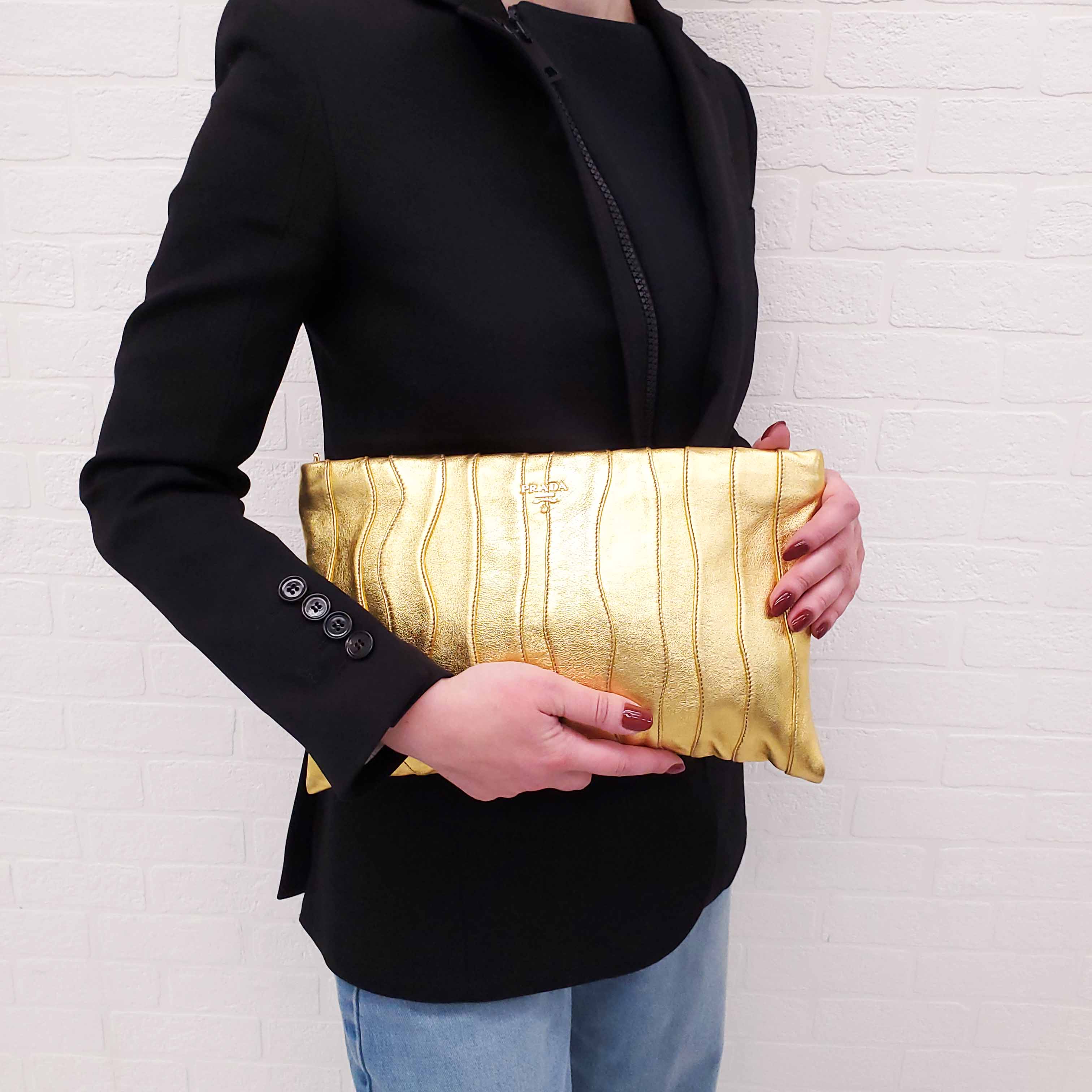 PRADA GOLD NAPA WAVE CLUTCH